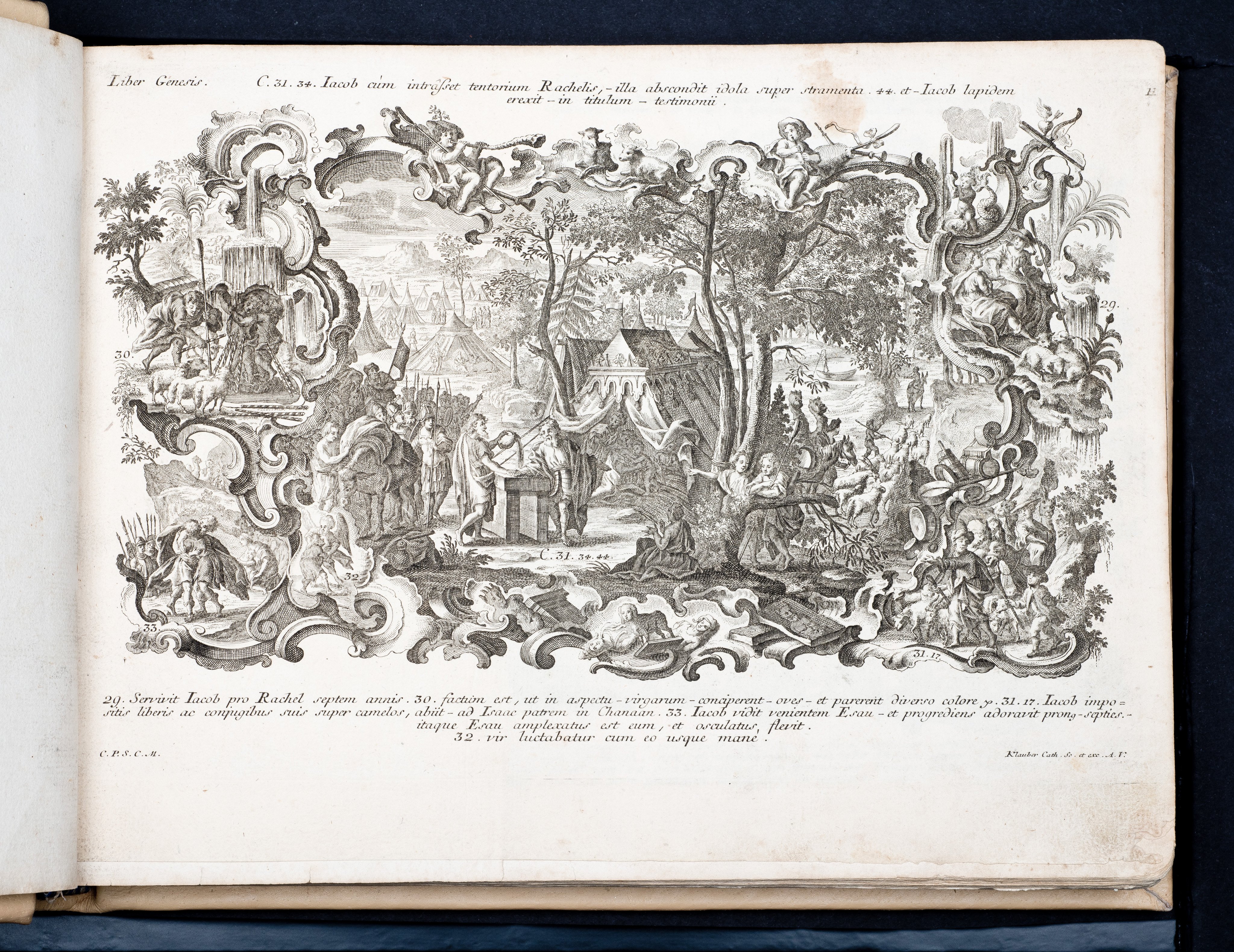 Historiae Biblicae Veteris et Novi Testamenti, Augsburg 1748.Księga wydana in folio złożona ze 100 ilustracji miedziorytniczych, wykonanych przez augsburskich grawerów, braci Józefa Sebastiana (1700-1768) Jana Baptystę (1712-1787) Klauberów, według obrazów augsburskiego malarza Johana Adama Stokmana (1720-1783). Miedzioryty z tego wydania stały się ikonograficznym wzornikiem dla malarzy i rytowników w całej Europie. Wydanie rzadkie, pełnego w polskich kolekcjach brak. Na rynku antykwarycznym pojawiają się pojedyncze ryciny. Egzemplarz kompletnySygnatura - MKDU-42859; SD-617