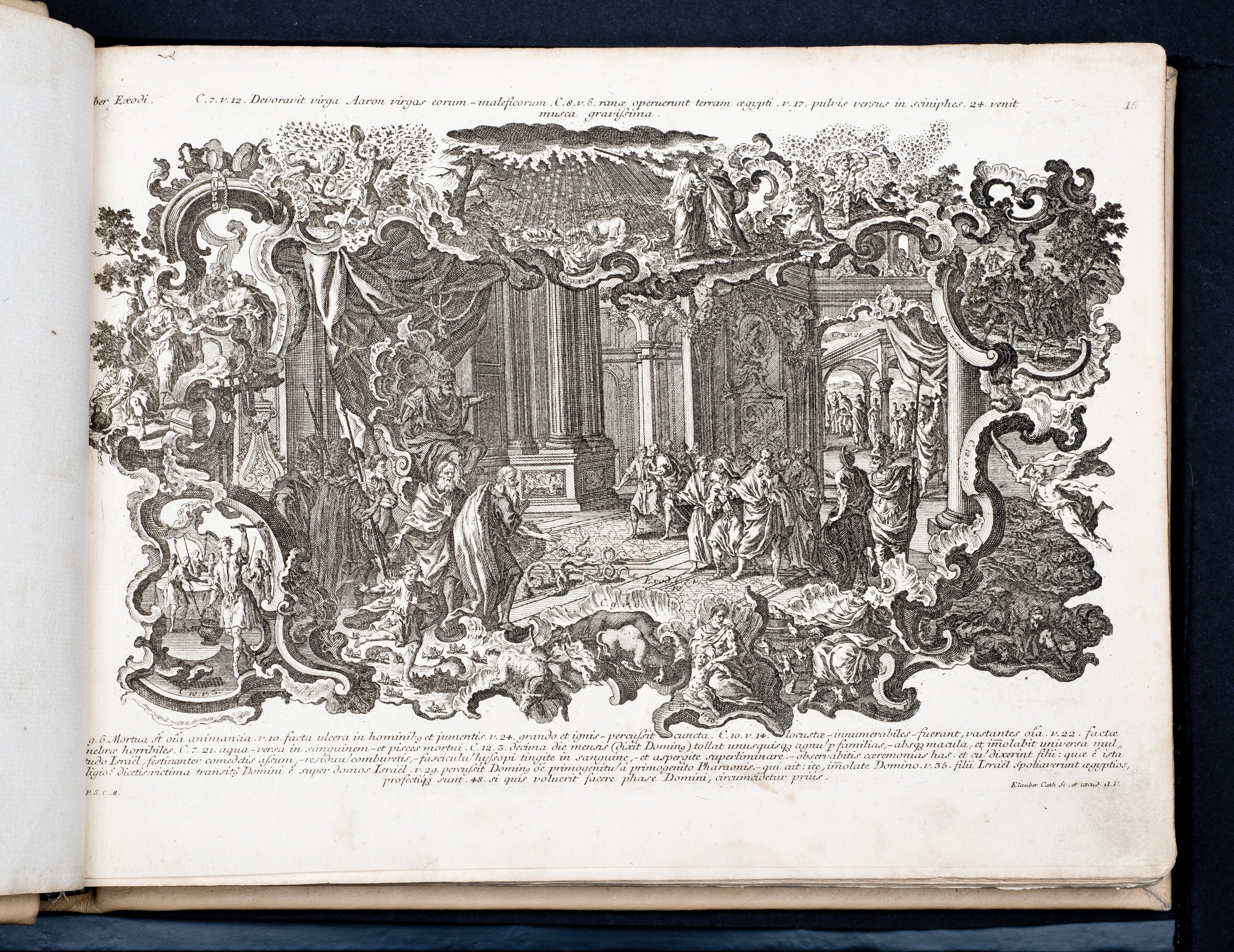 Historiae Biblicae Veteris et Novi Testamenti, Augsburg 1748.Księga wydana in folio złożona ze 100 ilustracji miedziorytniczych, wykonanych przez augsburskich grawerów, braci Józefa Sebastiana (1700-1768) Jana Baptystę (1712-1787) Klauberów, według obrazów augsburskiego malarza Johana Adama Stokmana (1720-1783). Miedzioryty z tego wydania stały się ikonograficznym wzornikiem dla malarzy i rytowników w całej Europie. Wydanie rzadkie, pełnego w polskich kolekcjach brak. Na rynku antykwarycznym pojawiają się pojedyncze ryciny. Egzemplarz kompletnySygnatura - MKDU-42859; SD-617