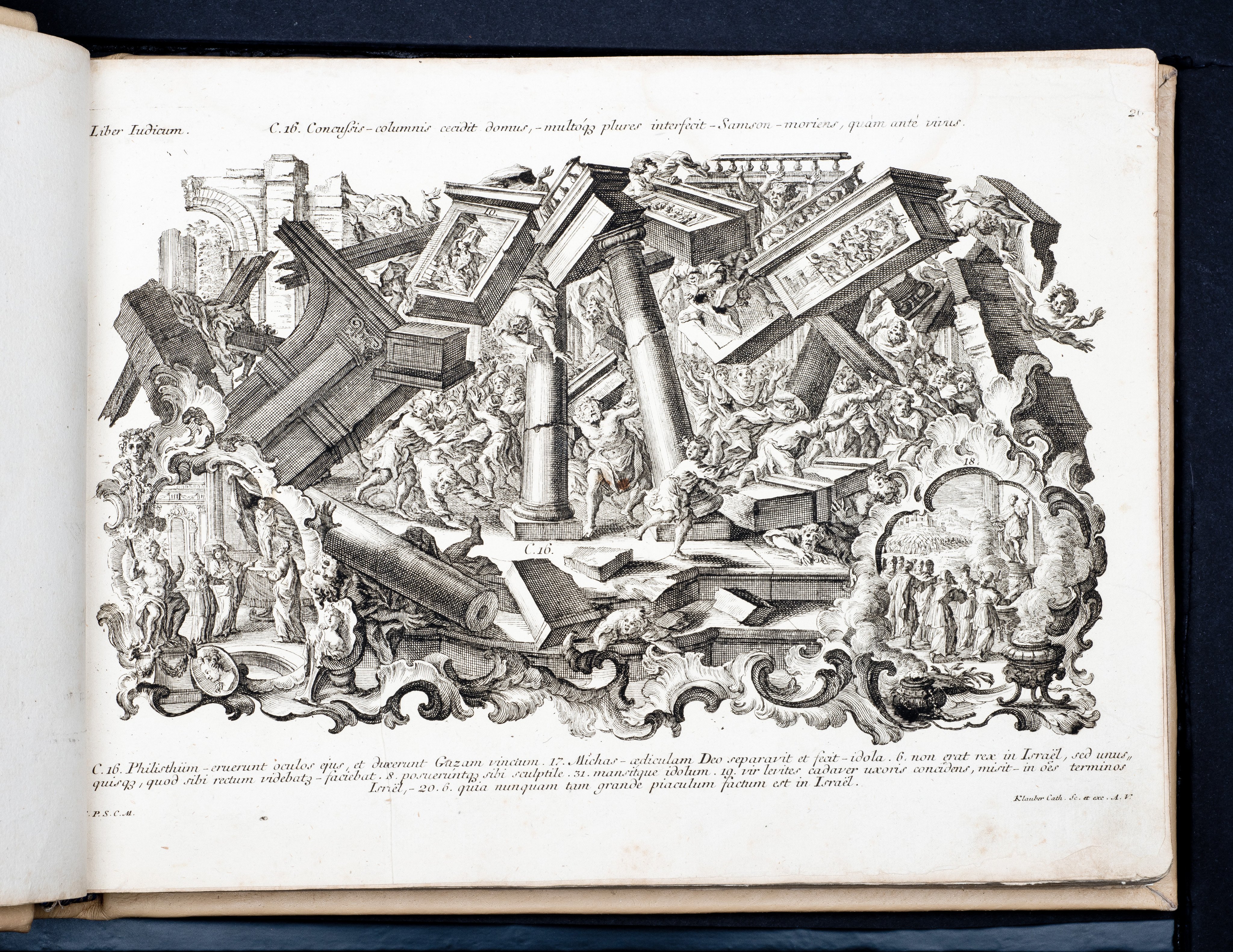 Historiae Biblicae Veteris et Novi Testamenti, Augsburg 1748.Księga wydana in folio złożona ze 100 ilustracji miedziorytniczych, wykonanych przez augsburskich grawerów, braci Józefa Sebastiana (1700-1768) Jana Baptystę (1712-1787) Klauberów, według obrazów augsburskiego malarza Johana Adama Stokmana (1720-1783). Miedzioryty z tego wydania stały się ikonograficznym wzornikiem dla malarzy i rytowników w całej Europie. Wydanie rzadkie, pełnego w polskich kolekcjach brak. Na rynku antykwarycznym pojawiają się pojedyncze ryciny. Egzemplarz kompletnySygnatura - MKDU-42859; SD-617
