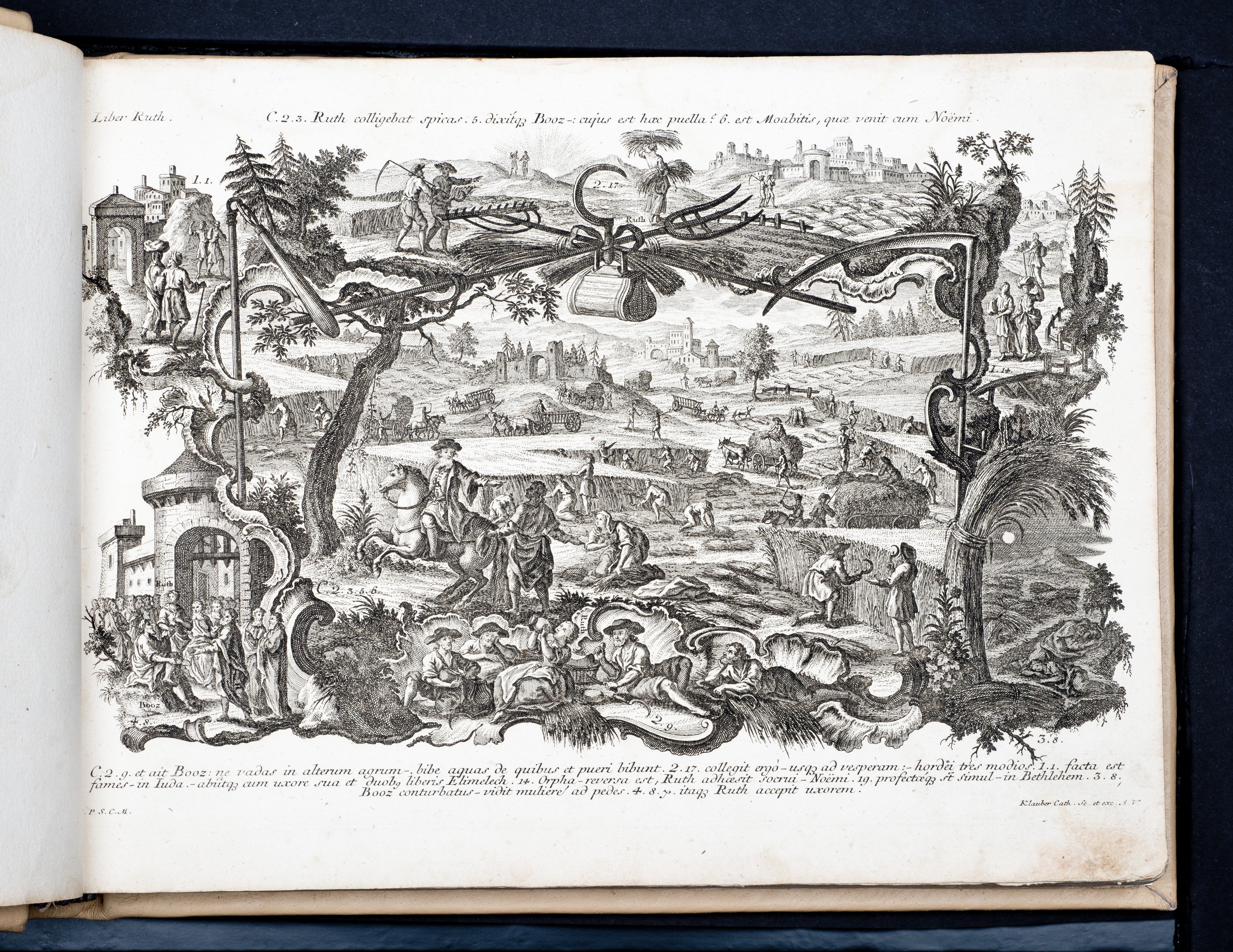 Historiae Biblicae Veteris et Novi Testamenti, Augsburg 1748.Księga wydana in folio złożona ze 100 ilustracji miedziorytniczych, wykonanych przez augsburskich grawerów, braci Józefa Sebastiana (1700-1768) Jana Baptystę (1712-1787) Klauberów, według obrazów augsburskiego malarza Johana Adama Stokmana (1720-1783). Miedzioryty z tego wydania stały się ikonograficznym wzornikiem dla malarzy i rytowników w całej Europie. Wydanie rzadkie, pełnego w polskich kolekcjach brak. Na rynku antykwarycznym pojawiają się pojedyncze ryciny. Egzemplarz kompletnySygnatura - MKDU-42859; SD-617
