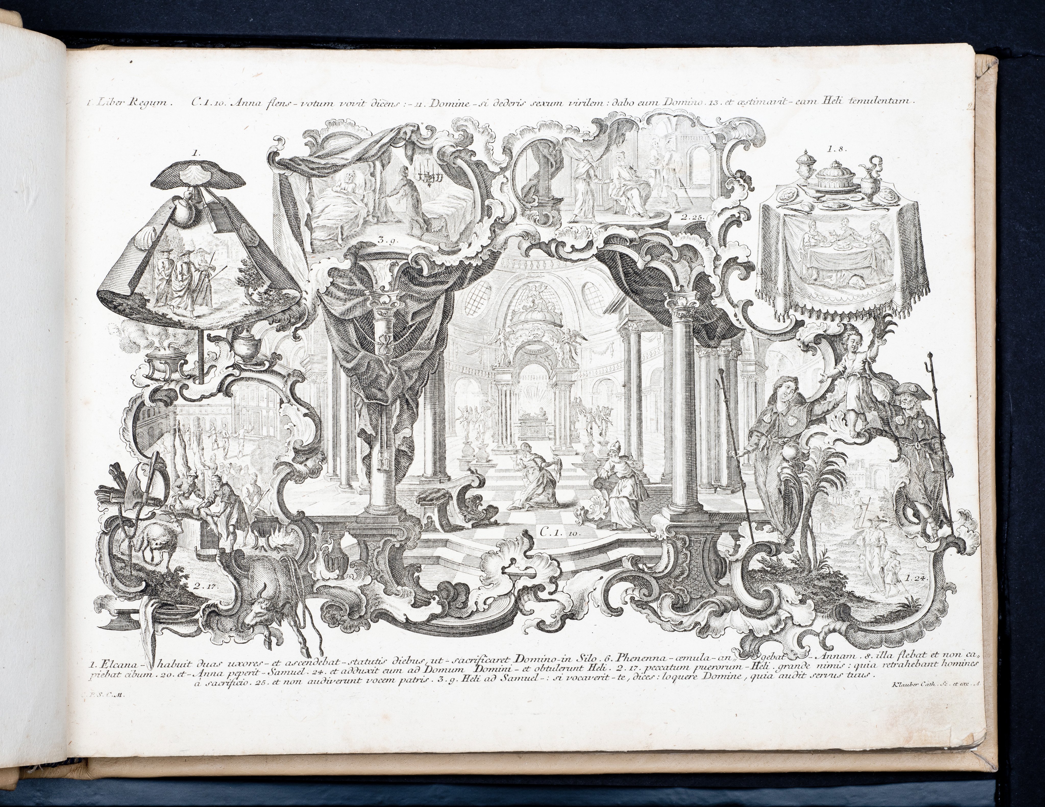 Historiae Biblicae Veteris et Novi Testamenti, Augsburg 1748.Księga wydana in folio złożona ze 100 ilustracji miedziorytniczych, wykonanych przez augsburskich grawerów, braci Józefa Sebastiana (1700-1768) Jana Baptystę (1712-1787) Klauberów, według obrazów augsburskiego malarza Johana Adama Stokmana (1720-1783). Miedzioryty z tego wydania stały się ikonograficznym wzornikiem dla malarzy i rytowników w całej Europie. Wydanie rzadkie, pełnego w polskich kolekcjach brak. Na rynku antykwarycznym pojawiają się pojedyncze ryciny. Egzemplarz kompletnySygnatura - MKDU-42859; SD-617