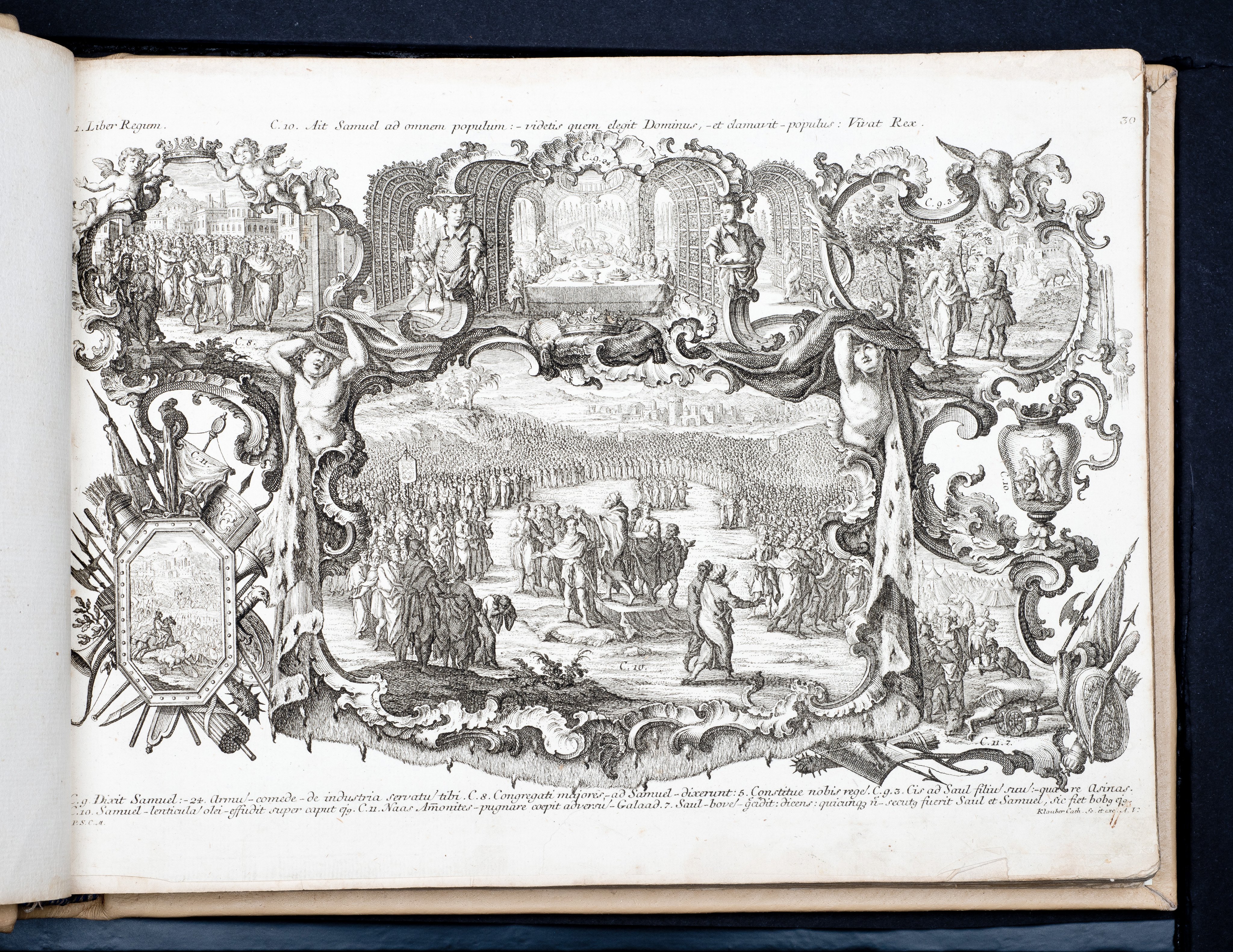 Historiae Biblicae Veteris et Novi Testamenti, Augsburg 1748.Księga wydana in folio złożona ze 100 ilustracji miedziorytniczych, wykonanych przez augsburskich grawerów, braci Józefa Sebastiana (1700-1768) Jana Baptystę (1712-1787) Klauberów, według obrazów augsburskiego malarza Johana Adama Stokmana (1720-1783). Miedzioryty z tego wydania stały się ikonograficznym wzornikiem dla malarzy i rytowników w całej Europie. Wydanie rzadkie, pełnego w polskich kolekcjach brak. Na rynku antykwarycznym pojawiają się pojedyncze ryciny. Egzemplarz kompletnySygnatura - MKDU-42859; SD-617