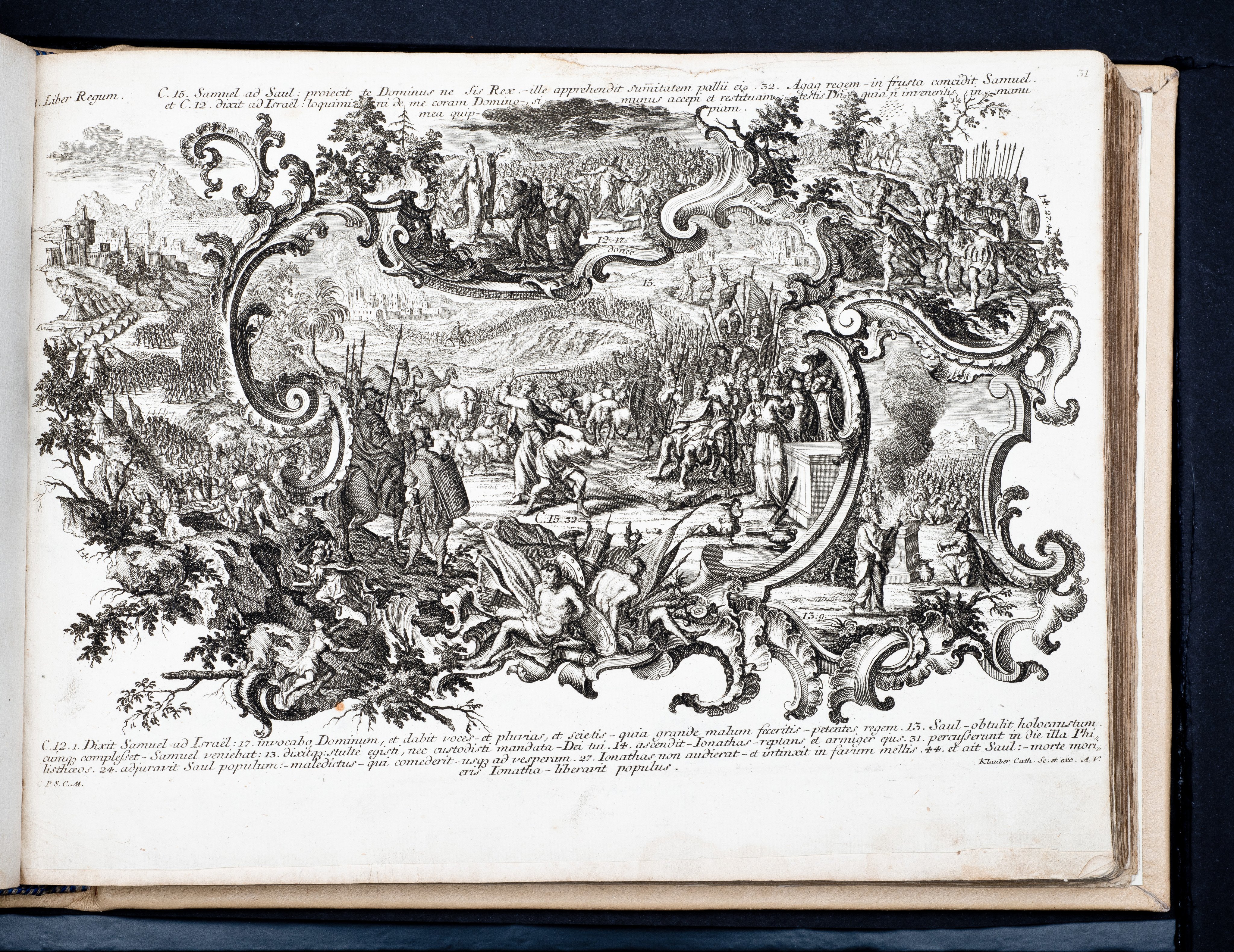 Historiae Biblicae Veteris et Novi Testamenti, Augsburg 1748.Księga wydana in folio złożona ze 100 ilustracji miedziorytniczych, wykonanych przez augsburskich grawerów, braci Józefa Sebastiana (1700-1768) Jana Baptystę (1712-1787) Klauberów, według obrazów augsburskiego malarza Johana Adama Stokmana (1720-1783). Miedzioryty z tego wydania stały się ikonograficznym wzornikiem dla malarzy i rytowników w całej Europie. Wydanie rzadkie, pełnego w polskich kolekcjach brak. Na rynku antykwarycznym pojawiają się pojedyncze ryciny. Egzemplarz kompletnySygnatura - MKDU-42859; SD-617