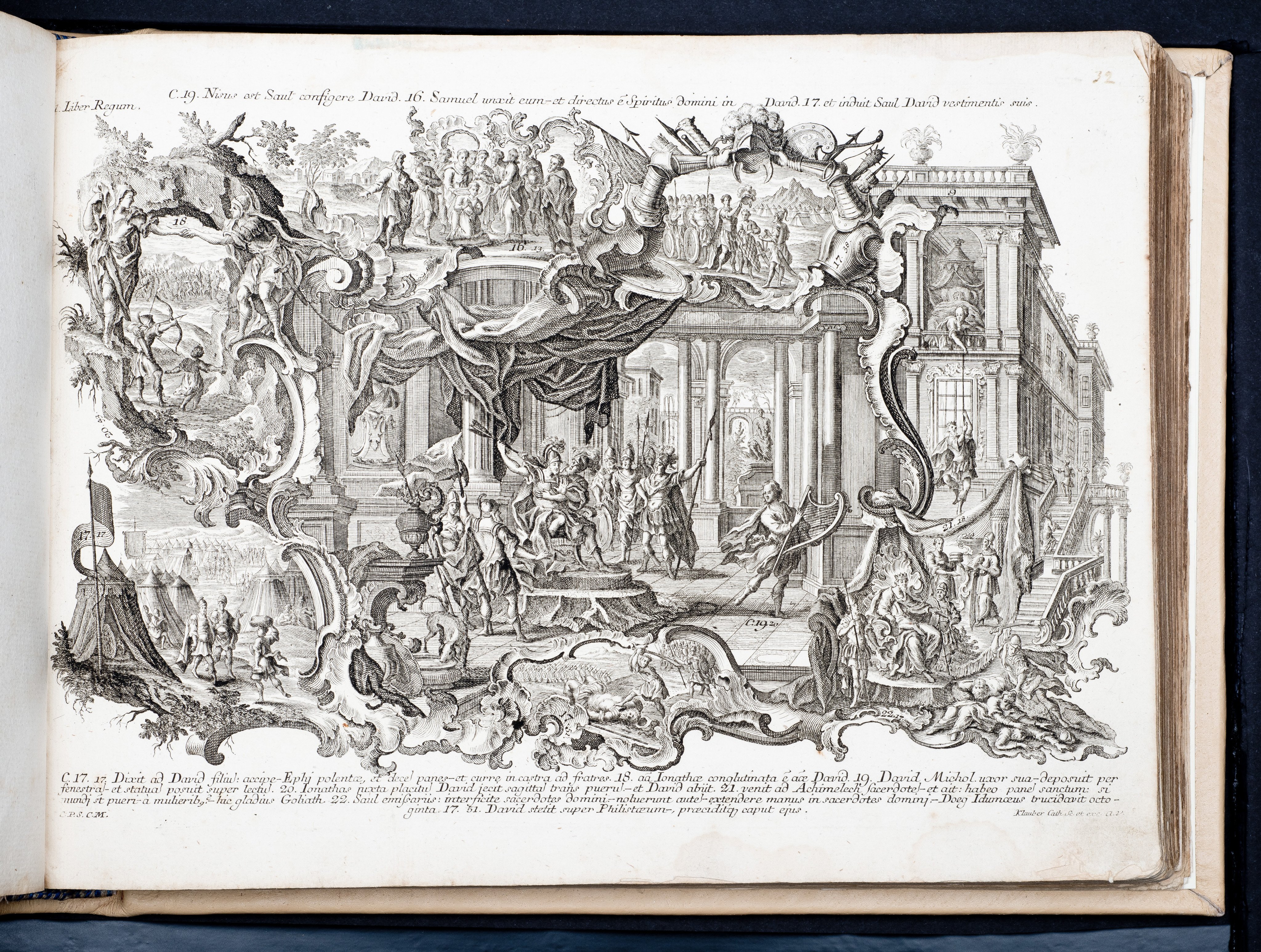 Historiae Biblicae Veteris et Novi Testamenti, Augsburg 1748.Księga wydana in folio złożona ze 100 ilustracji miedziorytniczych, wykonanych przez augsburskich grawerów, braci Józefa Sebastiana (1700-1768) Jana Baptystę (1712-1787) Klauberów, według obrazów augsburskiego malarza Johana Adama Stokmana (1720-1783). Miedzioryty z tego wydania stały się ikonograficznym wzornikiem dla malarzy i rytowników w całej Europie. Wydanie rzadkie, pełnego w polskich kolekcjach brak. Na rynku antykwarycznym pojawiają się pojedyncze ryciny. Egzemplarz kompletnySygnatura - MKDU-42859; SD-617
