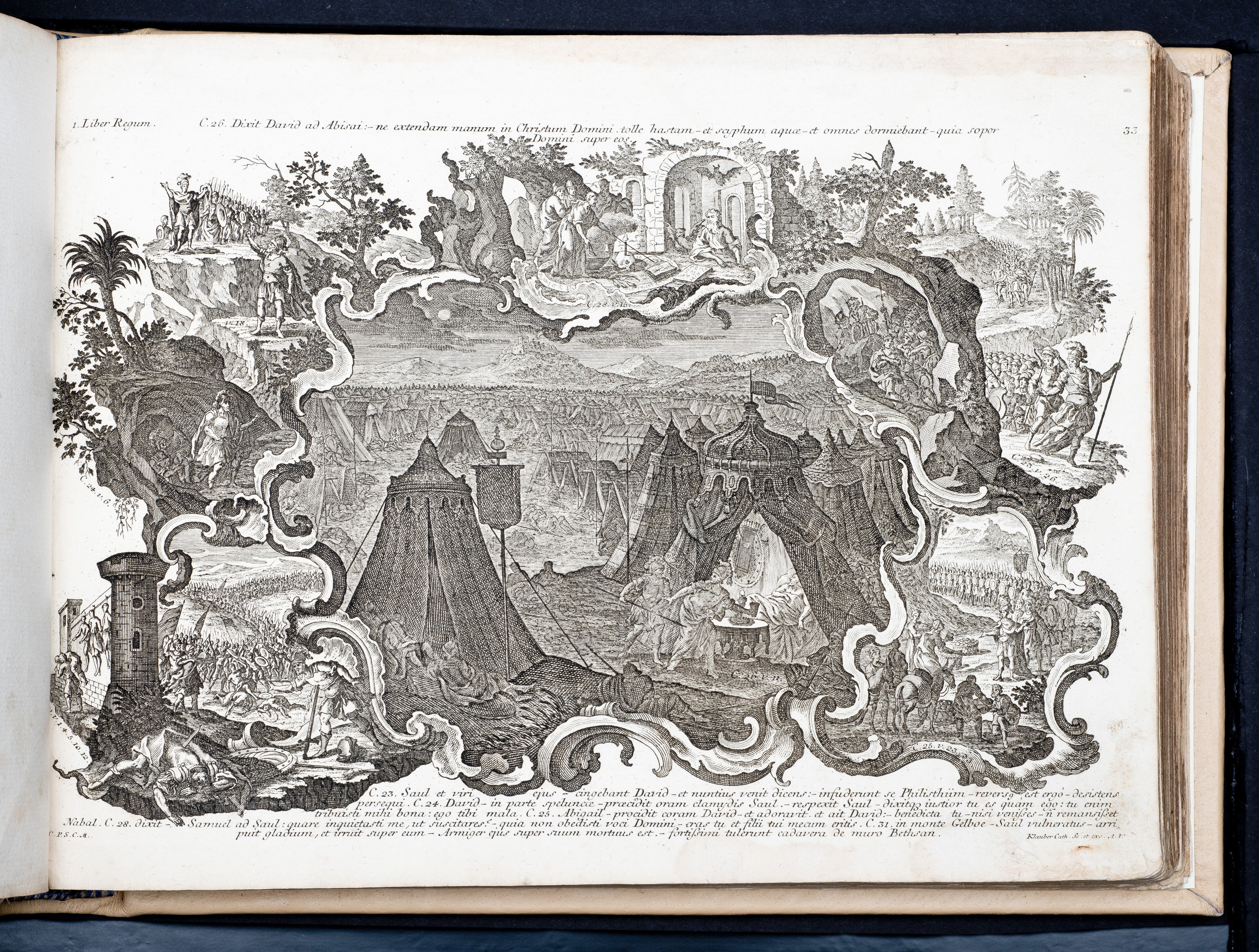 Historiae Biblicae Veteris et Novi Testamenti, Augsburg 1748.Księga wydana in folio złożona ze 100 ilustracji miedziorytniczych, wykonanych przez augsburskich grawerów, braci Józefa Sebastiana (1700-1768) Jana Baptystę (1712-1787) Klauberów, według obrazów augsburskiego malarza Johana Adama Stokmana (1720-1783). Miedzioryty z tego wydania stały się ikonograficznym wzornikiem dla malarzy i rytowników w całej Europie. Wydanie rzadkie, pełnego w polskich kolekcjach brak. Na rynku antykwarycznym pojawiają się pojedyncze ryciny. Egzemplarz kompletnySygnatura - MKDU-42859; SD-617