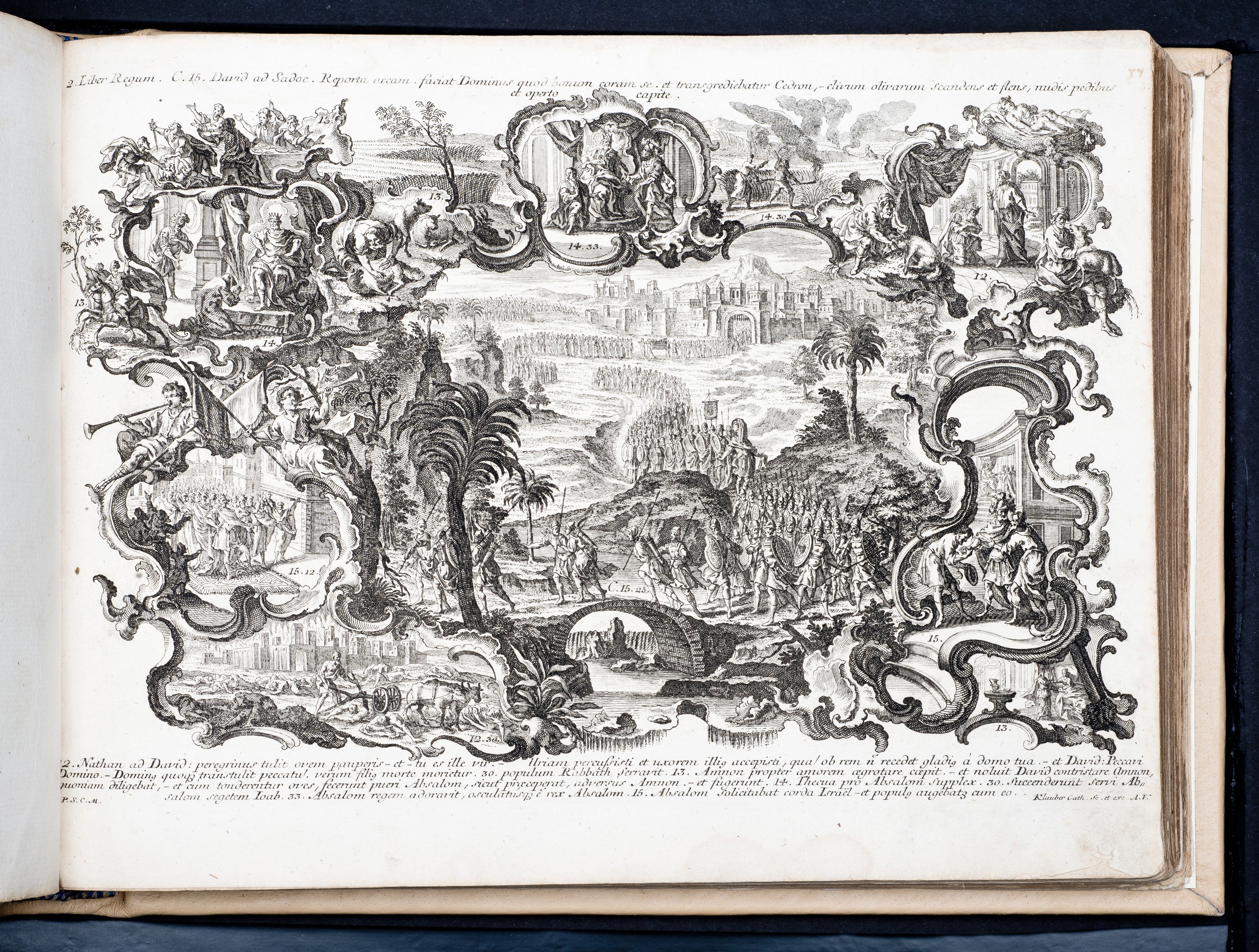 Historiae Biblicae Veteris et Novi Testamenti, Augsburg 1748.Księga wydana in folio złożona ze 100 ilustracji miedziorytniczych, wykonanych przez augsburskich grawerów, braci Józefa Sebastiana (1700-1768) Jana Baptystę (1712-1787) Klauberów, według obrazów augsburskiego malarza Johana Adama Stokmana (1720-1783). Miedzioryty z tego wydania stały się ikonograficznym wzornikiem dla malarzy i rytowników w całej Europie. Wydanie rzadkie, pełnego w polskich kolekcjach brak. Na rynku antykwarycznym pojawiają się pojedyncze ryciny. Egzemplarz kompletnySygnatura - MKDU-42859; SD-617