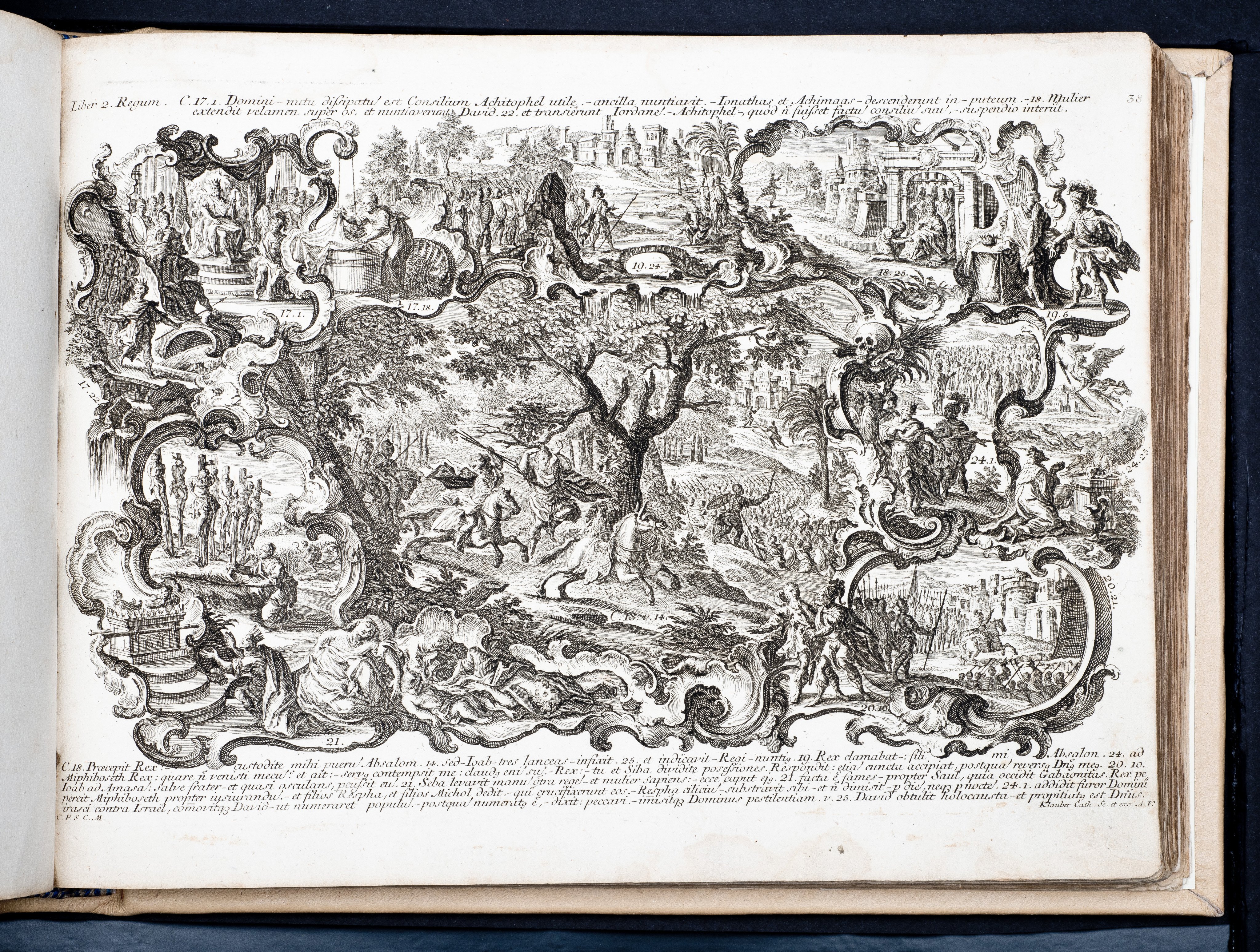 Historiae Biblicae Veteris et Novi Testamenti, Augsburg 1748.Księga wydana in folio złożona ze 100 ilustracji miedziorytniczych, wykonanych przez augsburskich grawerów, braci Józefa Sebastiana (1700-1768) Jana Baptystę (1712-1787) Klauberów, według obrazów augsburskiego malarza Johana Adama Stokmana (1720-1783). Miedzioryty z tego wydania stały się ikonograficznym wzornikiem dla malarzy i rytowników w całej Europie. Wydanie rzadkie, pełnego w polskich kolekcjach brak. Na rynku antykwarycznym pojawiają się pojedyncze ryciny. Egzemplarz kompletnySygnatura - MKDU-42859; SD-617