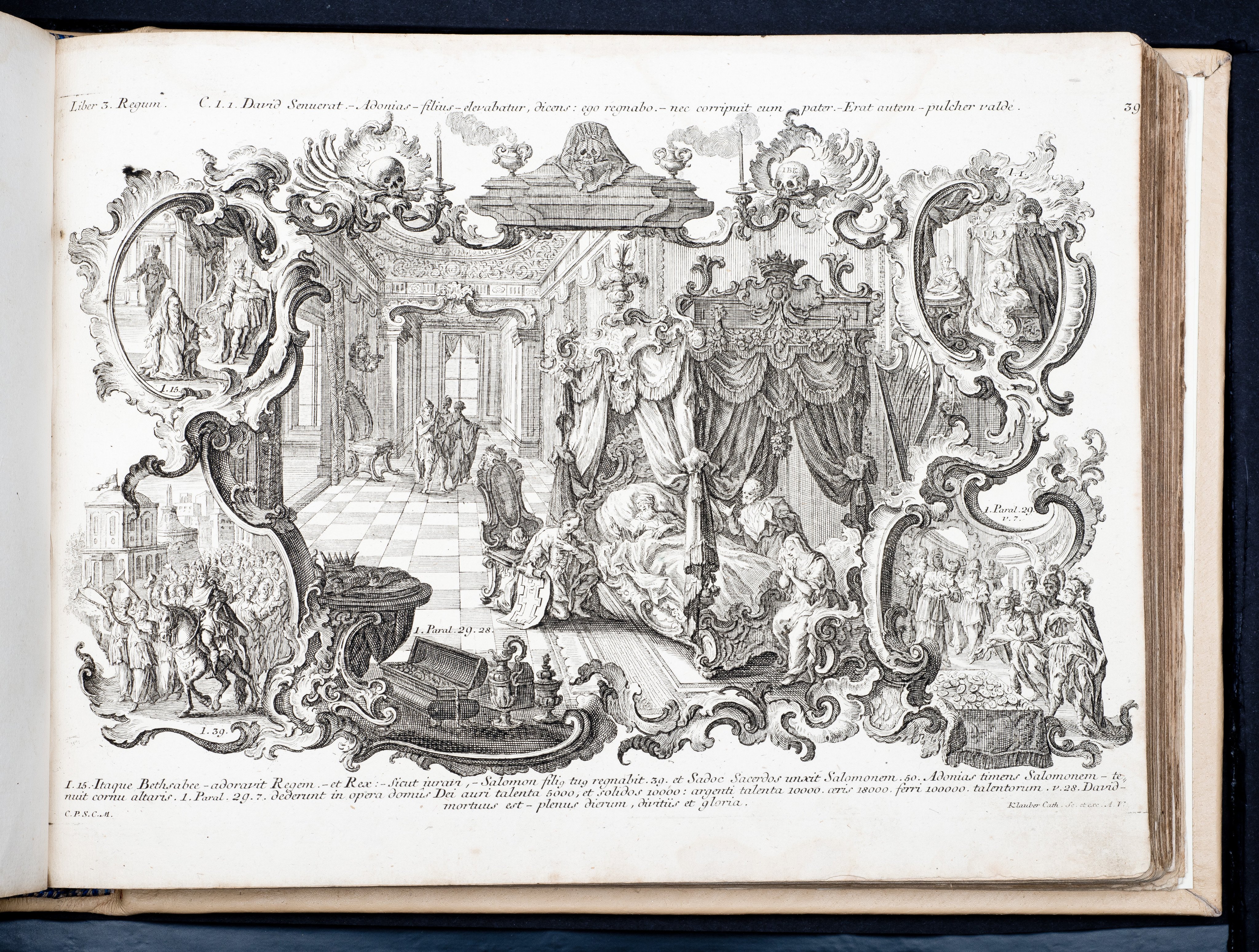 Historiae Biblicae Veteris et Novi Testamenti, Augsburg 1748.Księga wydana in folio złożona ze 100 ilustracji miedziorytniczych, wykonanych przez augsburskich grawerów, braci Józefa Sebastiana (1700-1768) Jana Baptystę (1712-1787) Klauberów, według obrazów augsburskiego malarza Johana Adama Stokmana (1720-1783). Miedzioryty z tego wydania stały się ikonograficznym wzornikiem dla malarzy i rytowników w całej Europie. Wydanie rzadkie, pełnego w polskich kolekcjach brak. Na rynku antykwarycznym pojawiają się pojedyncze ryciny. Egzemplarz kompletnySygnatura - MKDU-42859; SD-617