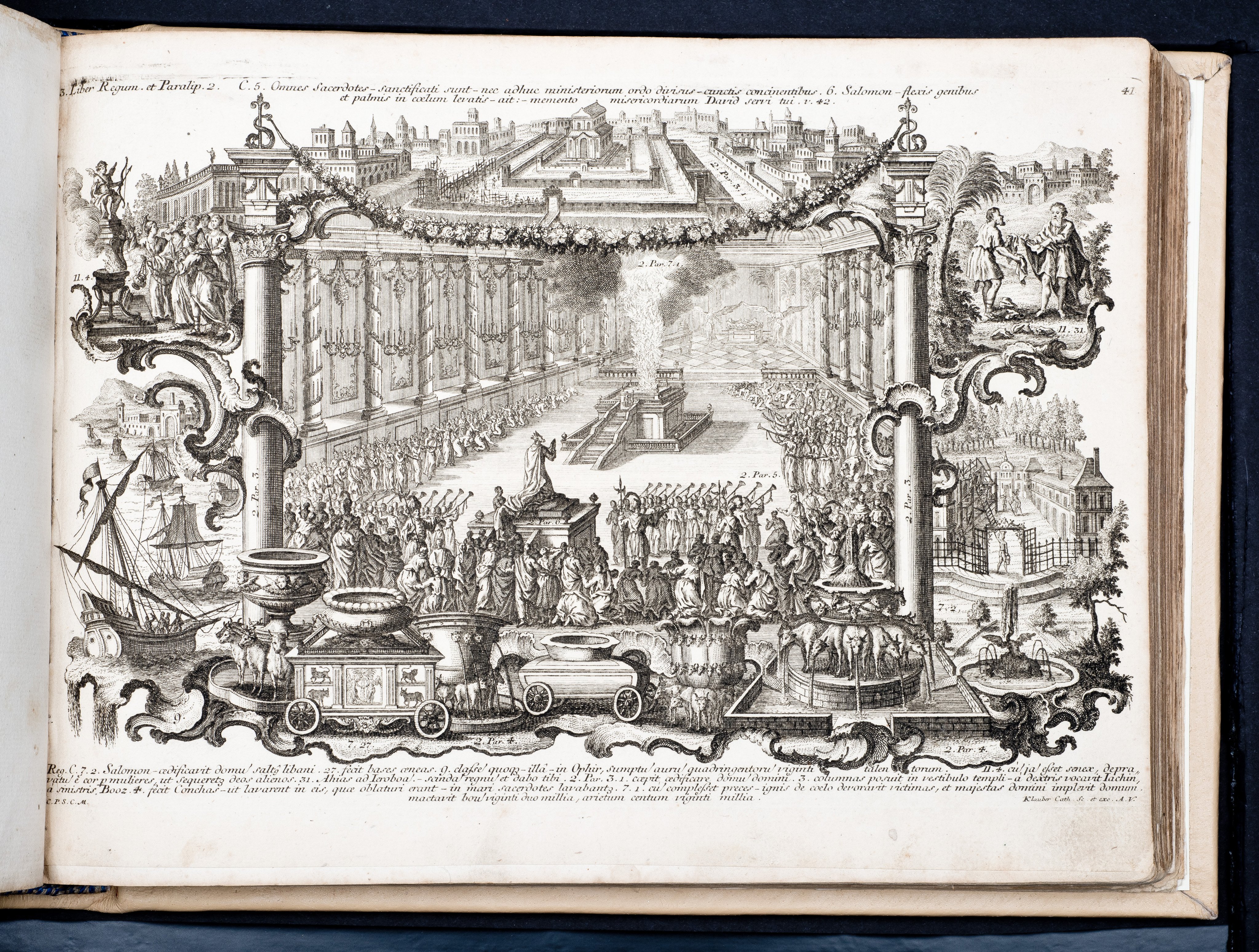 Historiae Biblicae Veteris et Novi Testamenti, Augsburg 1748.Księga wydana in folio złożona ze 100 ilustracji miedziorytniczych, wykonanych przez augsburskich grawerów, braci Józefa Sebastiana (1700-1768) Jana Baptystę (1712-1787) Klauberów, według obrazów augsburskiego malarza Johana Adama Stokmana (1720-1783). Miedzioryty z tego wydania stały się ikonograficznym wzornikiem dla malarzy i rytowników w całej Europie. Wydanie rzadkie, pełnego w polskich kolekcjach brak. Na rynku antykwarycznym pojawiają się pojedyncze ryciny. Egzemplarz kompletnySygnatura - MKDU-42859; SD-617