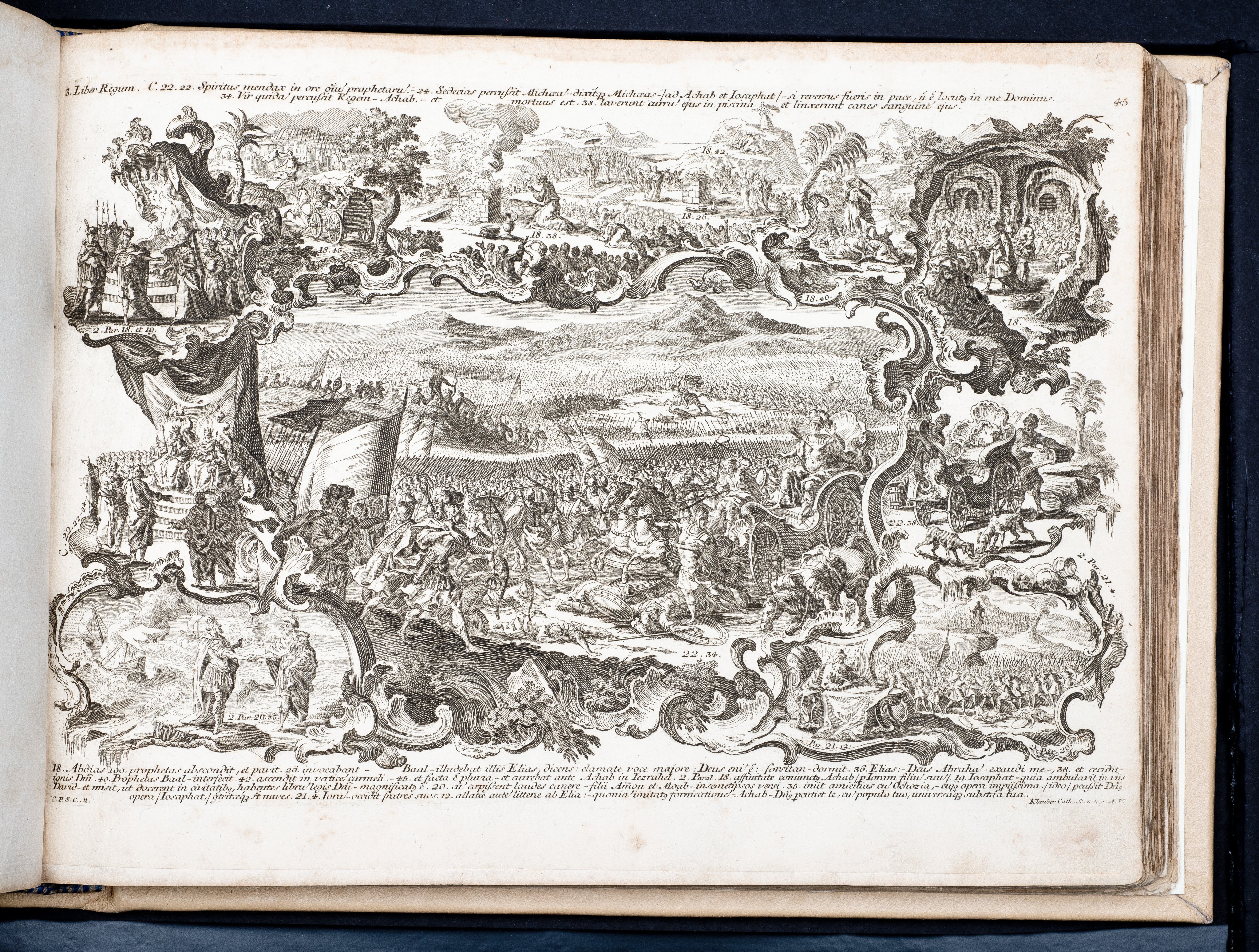 Historiae Biblicae Veteris et Novi Testamenti, Augsburg 1748.Księga wydana in folio złożona ze 100 ilustracji miedziorytniczych, wykonanych przez augsburskich grawerów, braci Józefa Sebastiana (1700-1768) Jana Baptystę (1712-1787) Klauberów, według obrazów augsburskiego malarza Johana Adama Stokmana (1720-1783). Miedzioryty z tego wydania stały się ikonograficznym wzornikiem dla malarzy i rytowników w całej Europie. Wydanie rzadkie, pełnego w polskich kolekcjach brak. Na rynku antykwarycznym pojawiają się pojedyncze ryciny. Egzemplarz kompletnySygnatura - MKDU-42859; SD-617