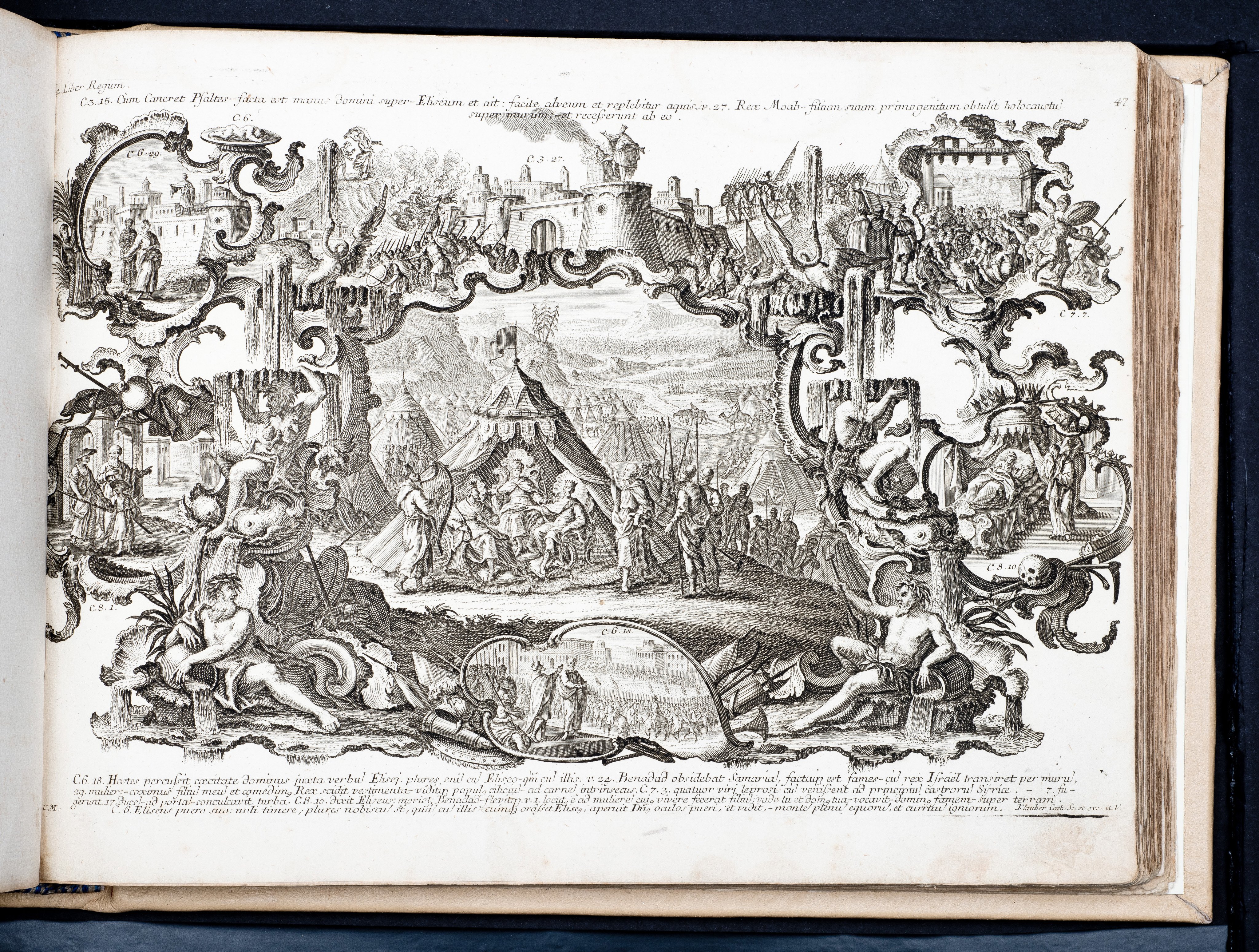 Historiae Biblicae Veteris et Novi Testamenti, Augsburg 1748.Księga wydana in folio złożona ze 100 ilustracji miedziorytniczych, wykonanych przez augsburskich grawerów, braci Józefa Sebastiana (1700-1768) Jana Baptystę (1712-1787) Klauberów, według obrazów augsburskiego malarza Johana Adama Stokmana (1720-1783). Miedzioryty z tego wydania stały się ikonograficznym wzornikiem dla malarzy i rytowników w całej Europie. Wydanie rzadkie, pełnego w polskich kolekcjach brak. Na rynku antykwarycznym pojawiają się pojedyncze ryciny. Egzemplarz kompletnySygnatura - MKDU-42859; SD-617