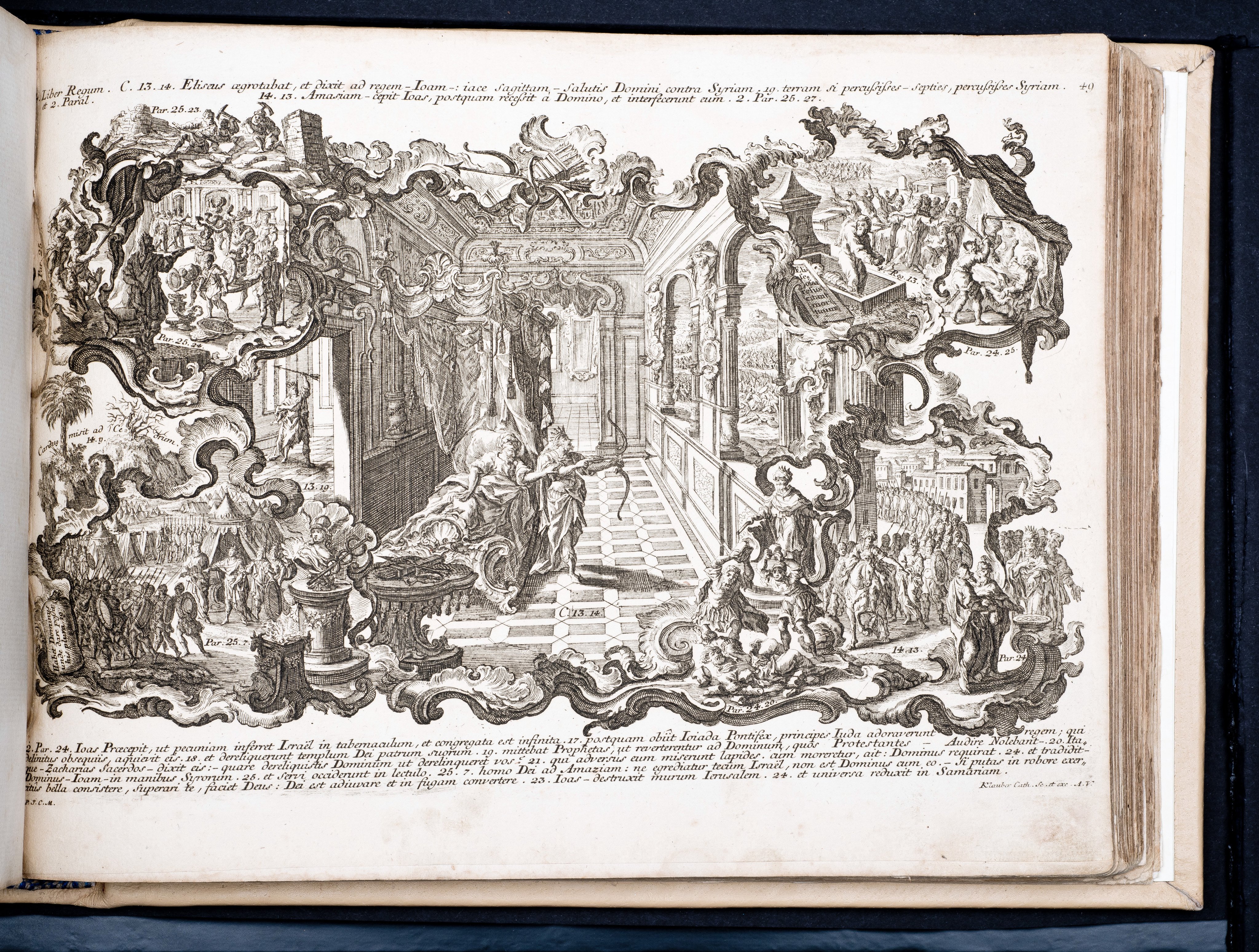 Historiae Biblicae Veteris et Novi Testamenti, Augsburg 1748.Księga wydana in folio złożona ze 100 ilustracji miedziorytniczych, wykonanych przez augsburskich grawerów, braci Józefa Sebastiana (1700-1768) Jana Baptystę (1712-1787) Klauberów, według obrazów augsburskiego malarza Johana Adama Stokmana (1720-1783). Miedzioryty z tego wydania stały się ikonograficznym wzornikiem dla malarzy i rytowników w całej Europie. Wydanie rzadkie, pełnego w polskich kolekcjach brak. Na rynku antykwarycznym pojawiają się pojedyncze ryciny. Egzemplarz kompletnySygnatura - MKDU-42859; SD-617