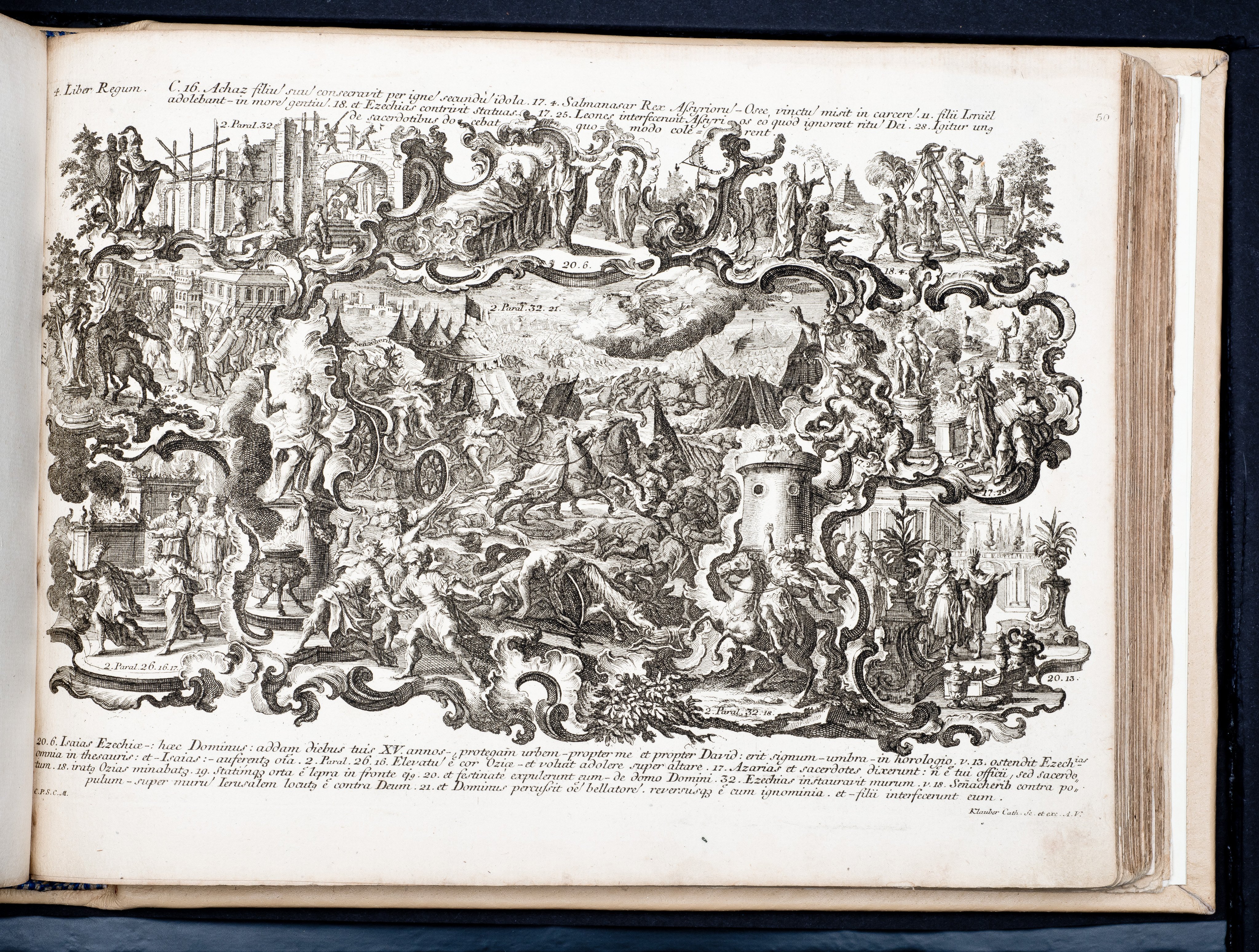Historiae Biblicae Veteris et Novi Testamenti, Augsburg 1748.Księga wydana in folio złożona ze 100 ilustracji miedziorytniczych, wykonanych przez augsburskich grawerów, braci Józefa Sebastiana (1700-1768) Jana Baptystę (1712-1787) Klauberów, według obrazów augsburskiego malarza Johana Adama Stokmana (1720-1783). Miedzioryty z tego wydania stały się ikonograficznym wzornikiem dla malarzy i rytowników w całej Europie. Wydanie rzadkie, pełnego w polskich kolekcjach brak. Na rynku antykwarycznym pojawiają się pojedyncze ryciny. Egzemplarz kompletnySygnatura - MKDU-42859; SD-617