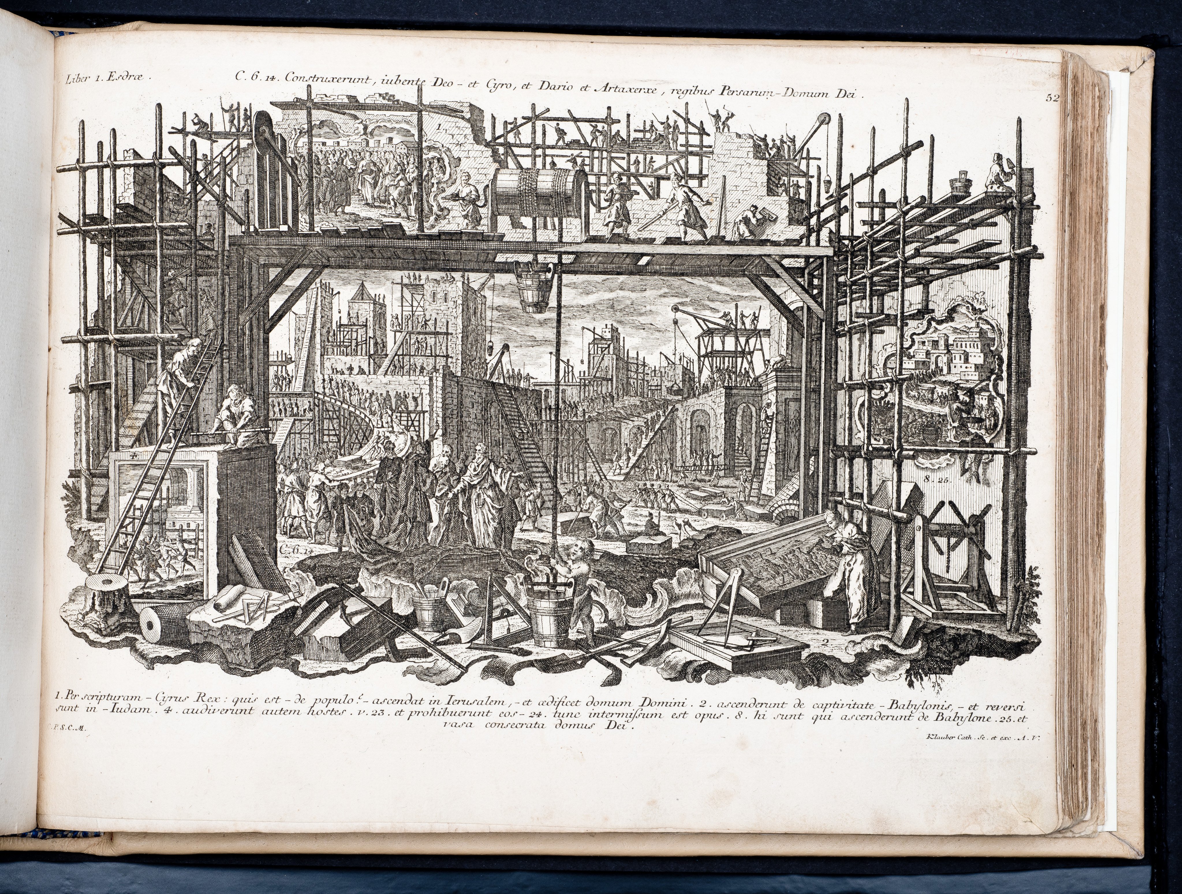 Historiae Biblicae Veteris et Novi Testamenti, Augsburg 1748.Księga wydana in folio złożona ze 100 ilustracji miedziorytniczych, wykonanych przez augsburskich grawerów, braci Józefa Sebastiana (1700-1768) Jana Baptystę (1712-1787) Klauberów, według obrazów augsburskiego malarza Johana Adama Stokmana (1720-1783). Miedzioryty z tego wydania stały się ikonograficznym wzornikiem dla malarzy i rytowników w całej Europie. Wydanie rzadkie, pełnego w polskich kolekcjach brak. Na rynku antykwarycznym pojawiają się pojedyncze ryciny. Egzemplarz kompletnySygnatura - MKDU-42859; SD-617