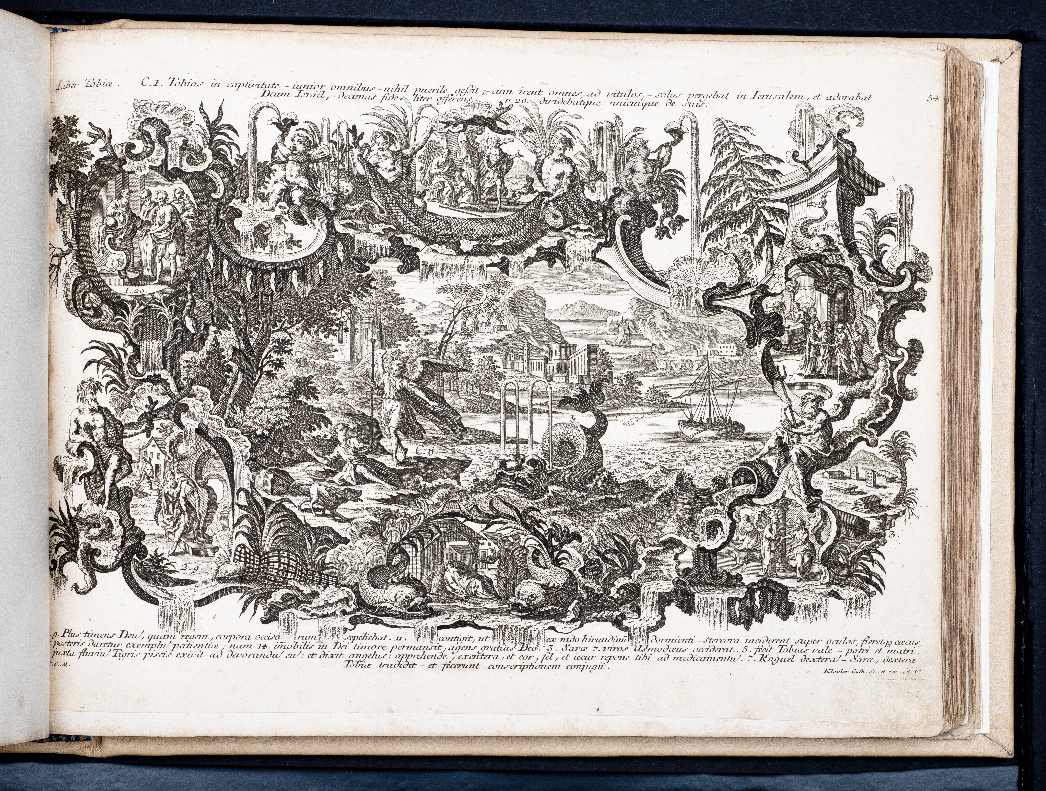 Historiae Biblicae Veteris et Novi Testamenti, Augsburg 1748.Księga wydana in folio złożona ze 100 ilustracji miedziorytniczych, wykonanych przez augsburskich grawerów, braci Józefa Sebastiana (1700-1768) Jana Baptystę (1712-1787) Klauberów, według obrazów augsburskiego malarza Johana Adama Stokmana (1720-1783). Miedzioryty z tego wydania stały się ikonograficznym wzornikiem dla malarzy i rytowników w całej Europie. Wydanie rzadkie, pełnego w polskich kolekcjach brak. Na rynku antykwarycznym pojawiają się pojedyncze ryciny. Egzemplarz kompletnySygnatura - MKDU-42859; SD-617