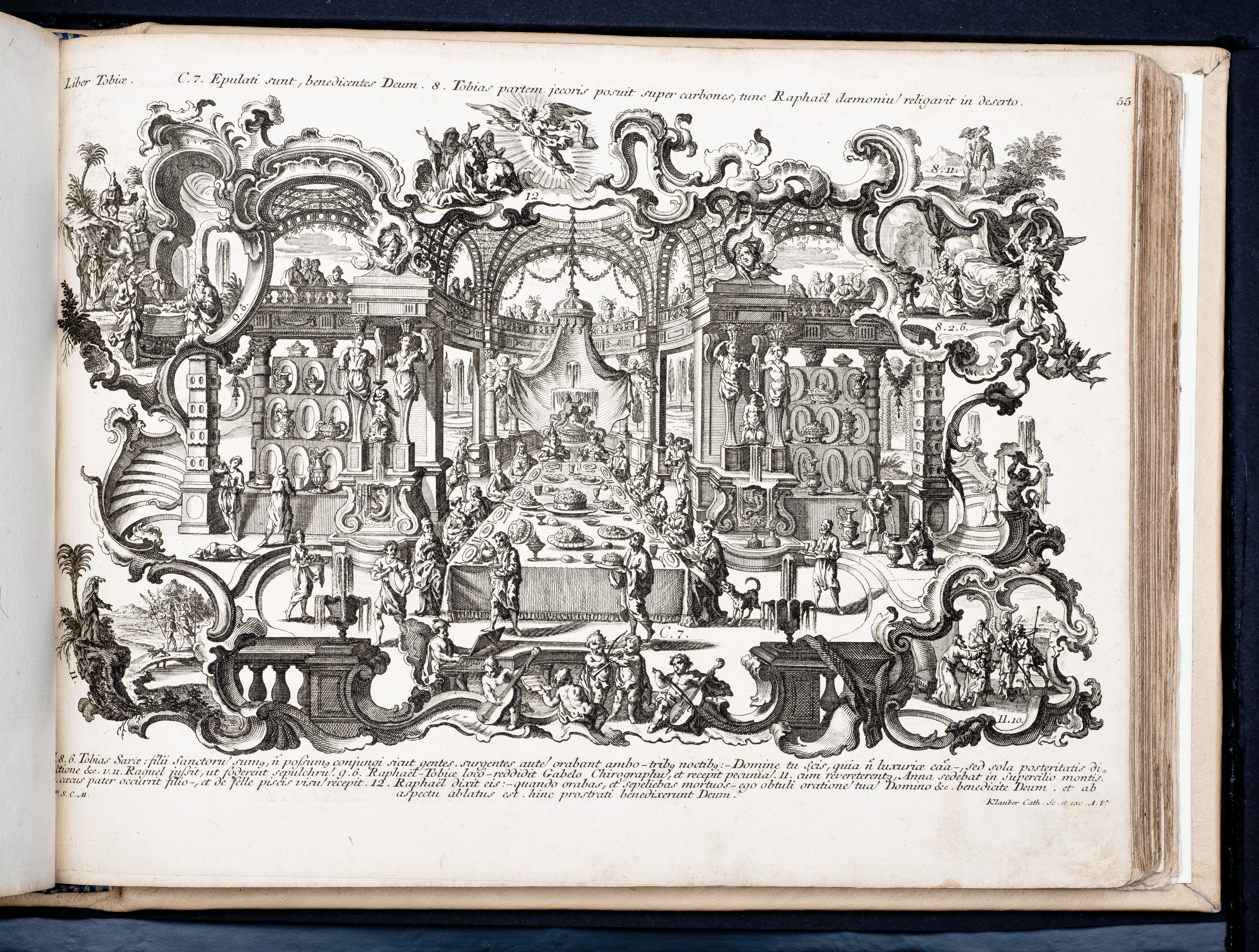Historiae Biblicae Veteris et Novi Testamenti, Augsburg 1748.Księga wydana in folio złożona ze 100 ilustracji miedziorytniczych, wykonanych przez augsburskich grawerów, braci Józefa Sebastiana (1700-1768) Jana Baptystę (1712-1787) Klauberów, według obrazów augsburskiego malarza Johana Adama Stokmana (1720-1783). Miedzioryty z tego wydania stały się ikonograficznym wzornikiem dla malarzy i rytowników w całej Europie. Wydanie rzadkie, pełnego w polskich kolekcjach brak. Na rynku antykwarycznym pojawiają się pojedyncze ryciny. Egzemplarz kompletnySygnatura - MKDU-42859; SD-617