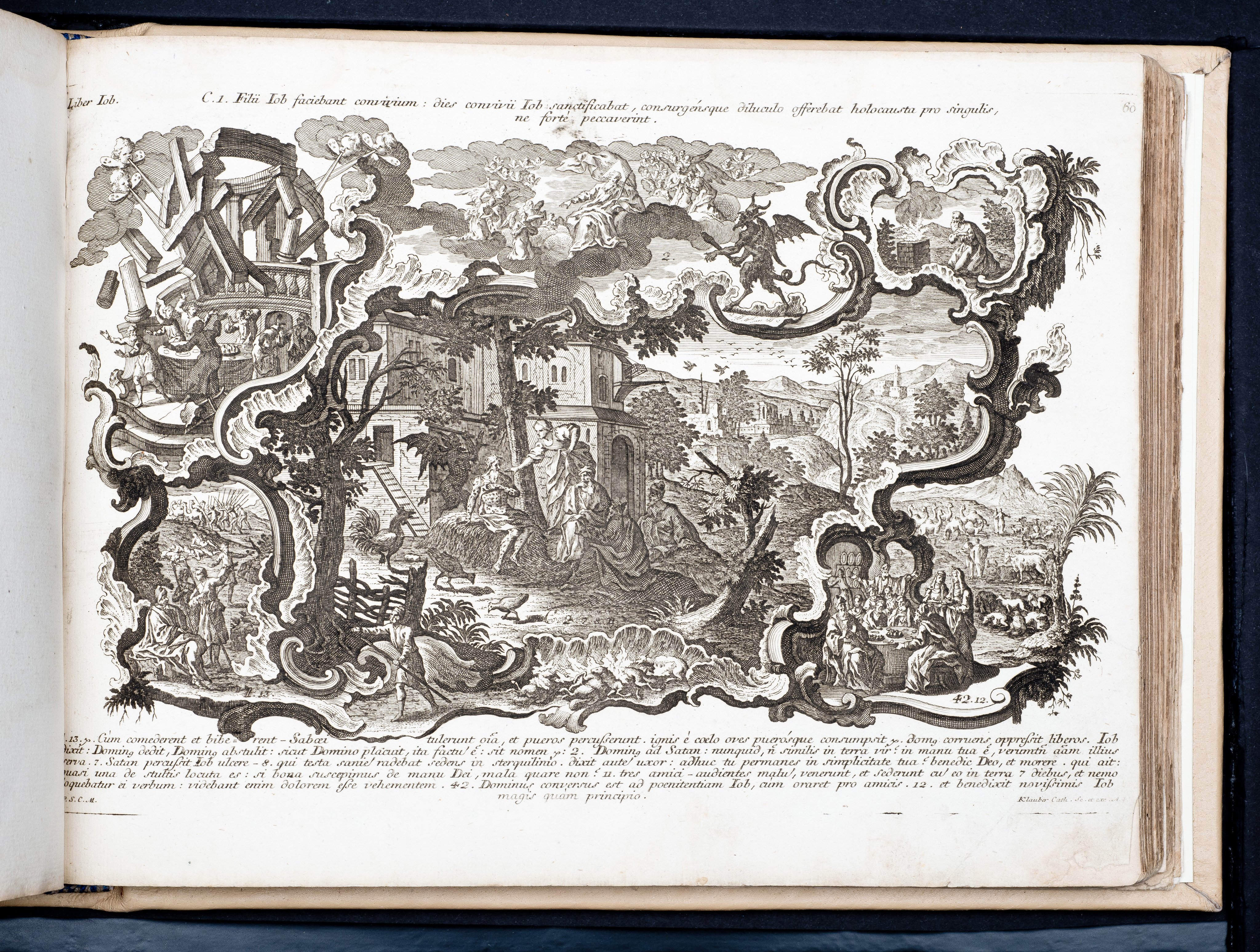 Historiae Biblicae Veteris et Novi Testamenti, Augsburg 1748.Księga wydana in folio złożona ze 100 ilustracji miedziorytniczych, wykonanych przez augsburskich grawerów, braci Józefa Sebastiana (1700-1768) Jana Baptystę (1712-1787) Klauberów, według obrazów augsburskiego malarza Johana Adama Stokmana (1720-1783). Miedzioryty z tego wydania stały się ikonograficznym wzornikiem dla malarzy i rytowników w całej Europie. Wydanie rzadkie, pełnego w polskich kolekcjach brak. Na rynku antykwarycznym pojawiają się pojedyncze ryciny. Egzemplarz kompletnySygnatura - MKDU-42859; SD-617