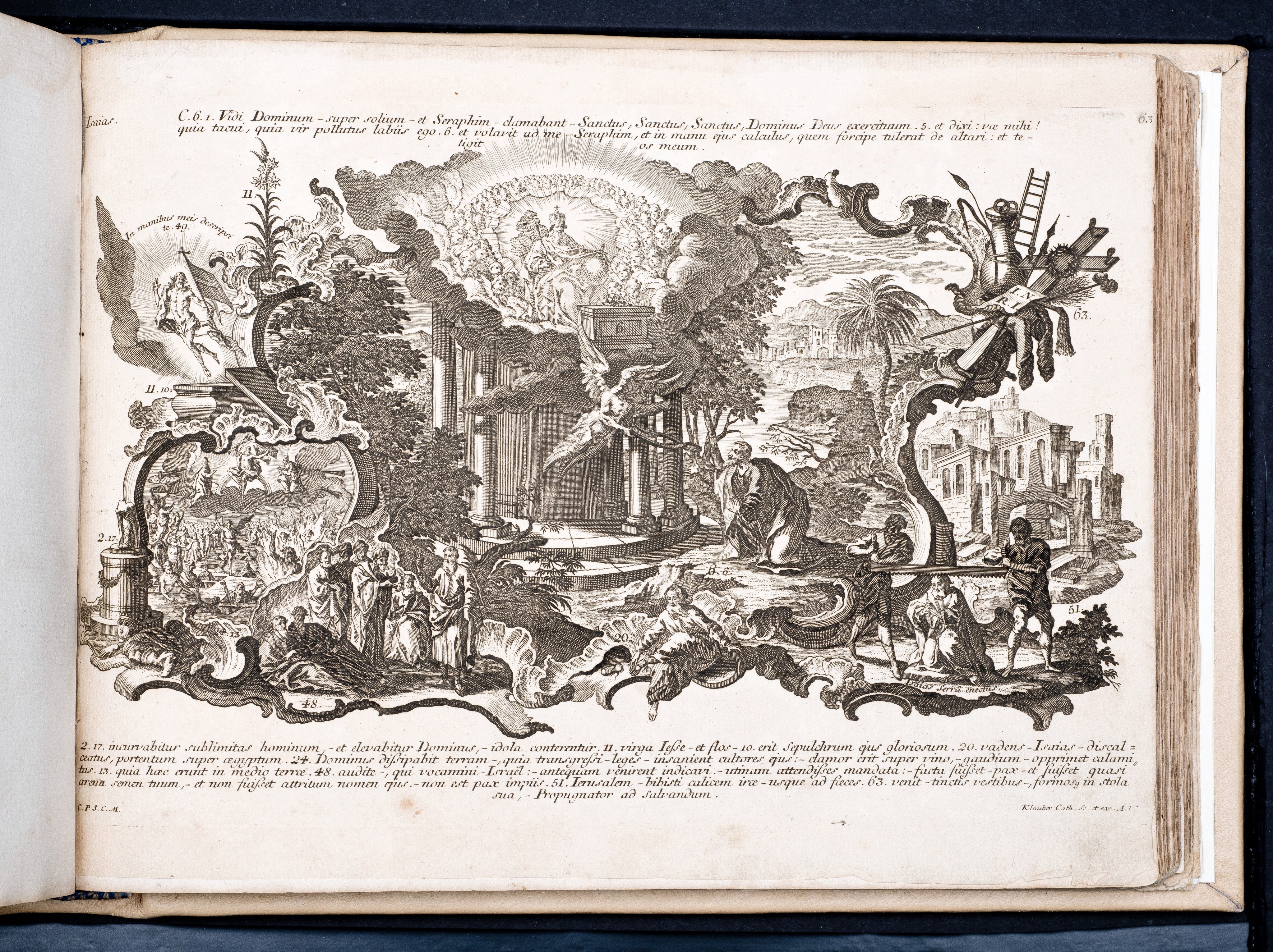 Historiae Biblicae Veteris et Novi Testamenti, Augsburg 1748.Księga wydana in folio złożona ze 100 ilustracji miedziorytniczych, wykonanych przez augsburskich grawerów, braci Józefa Sebastiana (1700-1768) Jana Baptystę (1712-1787) Klauberów, według obrazów augsburskiego malarza Johana Adama Stokmana (1720-1783). Miedzioryty z tego wydania stały się ikonograficznym wzornikiem dla malarzy i rytowników w całej Europie. Wydanie rzadkie, pełnego w polskich kolekcjach brak. Na rynku antykwarycznym pojawiają się pojedyncze ryciny. Egzemplarz kompletnySygnatura - MKDU-42859; SD-617