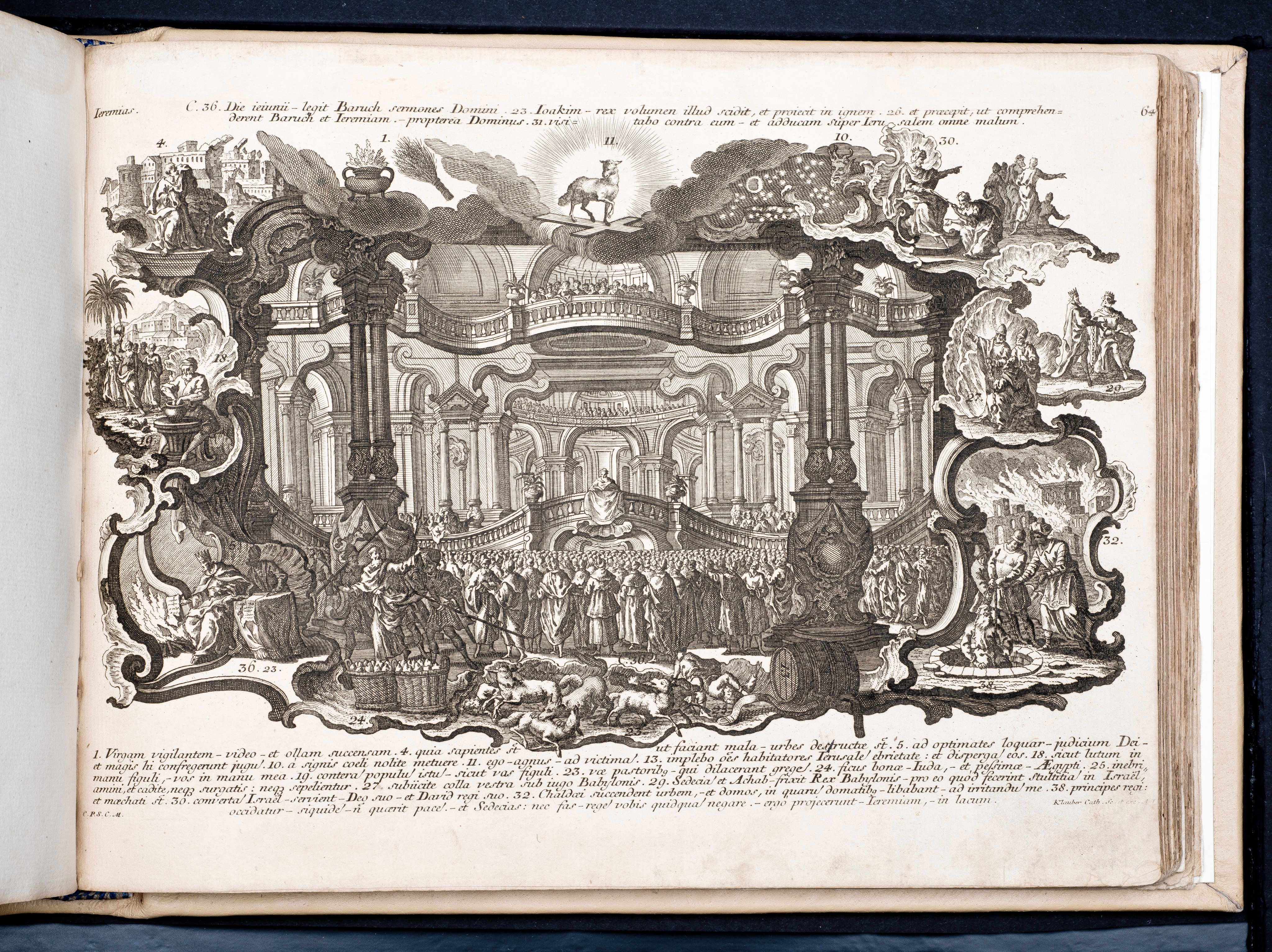 Historiae Biblicae Veteris et Novi Testamenti, Augsburg 1748.Księga wydana in folio złożona ze 100 ilustracji miedziorytniczych, wykonanych przez augsburskich grawerów, braci Józefa Sebastiana (1700-1768) Jana Baptystę (1712-1787) Klauberów, według obrazów augsburskiego malarza Johana Adama Stokmana (1720-1783). Miedzioryty z tego wydania stały się ikonograficznym wzornikiem dla malarzy i rytowników w całej Europie. Wydanie rzadkie, pełnego w polskich kolekcjach brak. Na rynku antykwarycznym pojawiają się pojedyncze ryciny. Egzemplarz kompletnySygnatura - MKDU-42859; SD-617