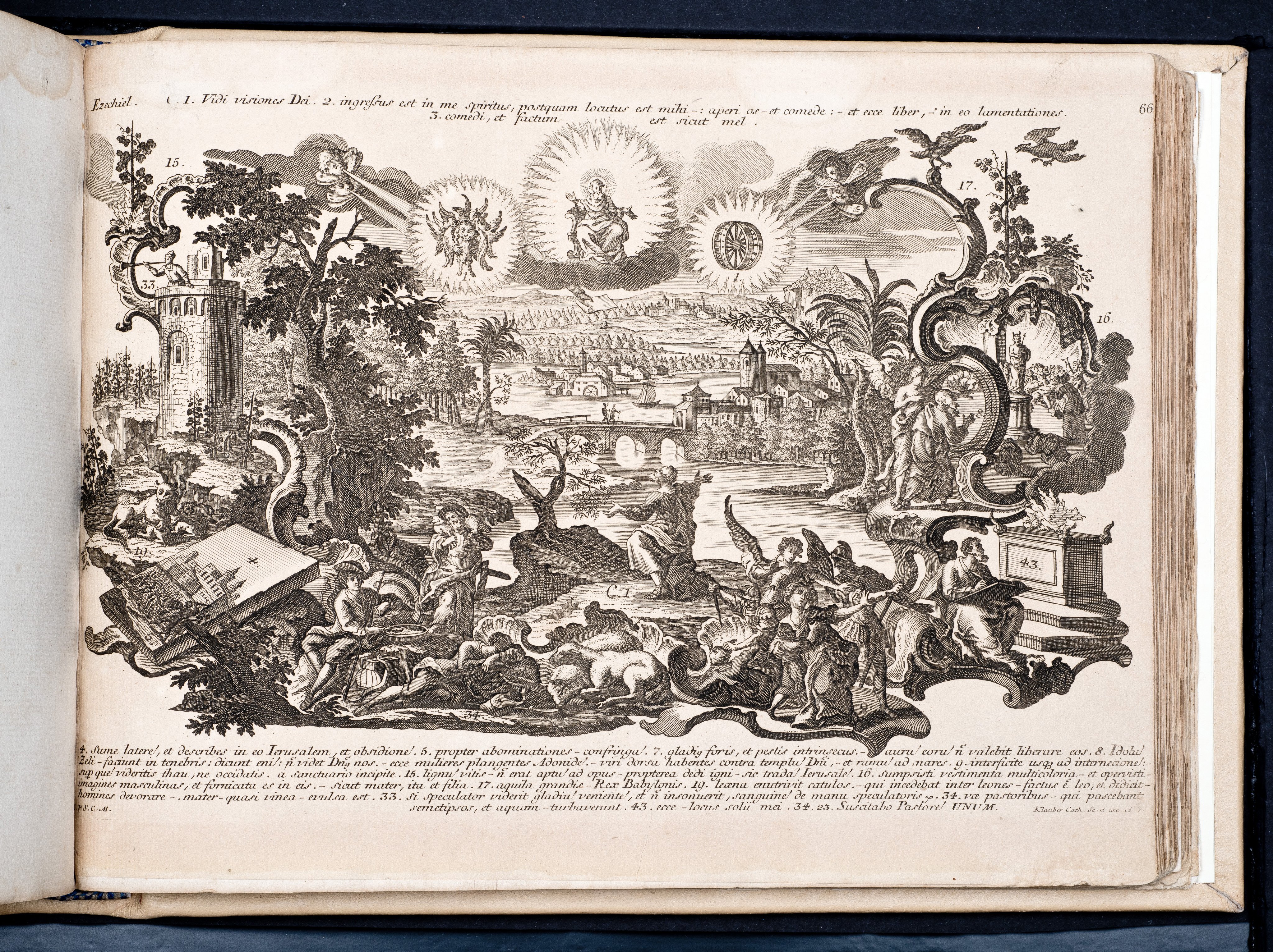 Historiae Biblicae Veteris et Novi Testamenti, Augsburg 1748.Księga wydana in folio złożona ze 100 ilustracji miedziorytniczych, wykonanych przez augsburskich grawerów, braci Józefa Sebastiana (1700-1768) Jana Baptystę (1712-1787) Klauberów, według obrazów augsburskiego malarza Johana Adama Stokmana (1720-1783). Miedzioryty z tego wydania stały się ikonograficznym wzornikiem dla malarzy i rytowników w całej Europie. Wydanie rzadkie, pełnego w polskich kolekcjach brak. Na rynku antykwarycznym pojawiają się pojedyncze ryciny. Egzemplarz kompletnySygnatura - MKDU-42859; SD-617