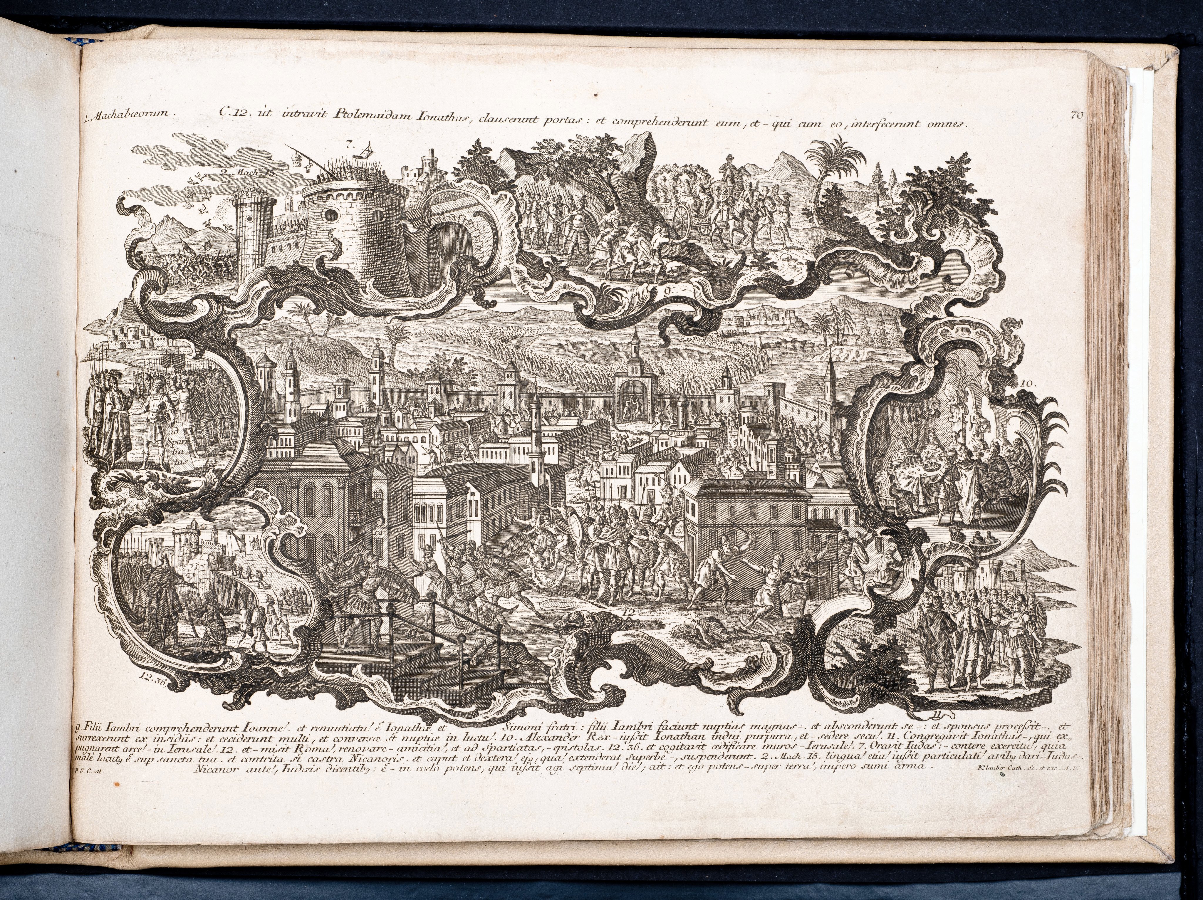 Historiae Biblicae Veteris et Novi Testamenti, Augsburg 1748.Księga wydana in folio złożona ze 100 ilustracji miedziorytniczych, wykonanych przez augsburskich grawerów, braci Józefa Sebastiana (1700-1768) Jana Baptystę (1712-1787) Klauberów, według obrazów augsburskiego malarza Johana Adama Stokmana (1720-1783). Miedzioryty z tego wydania stały się ikonograficznym wzornikiem dla malarzy i rytowników w całej Europie. Wydanie rzadkie, pełnego w polskich kolekcjach brak. Na rynku antykwarycznym pojawiają się pojedyncze ryciny. Egzemplarz kompletnySygnatura - MKDU-42859; SD-617