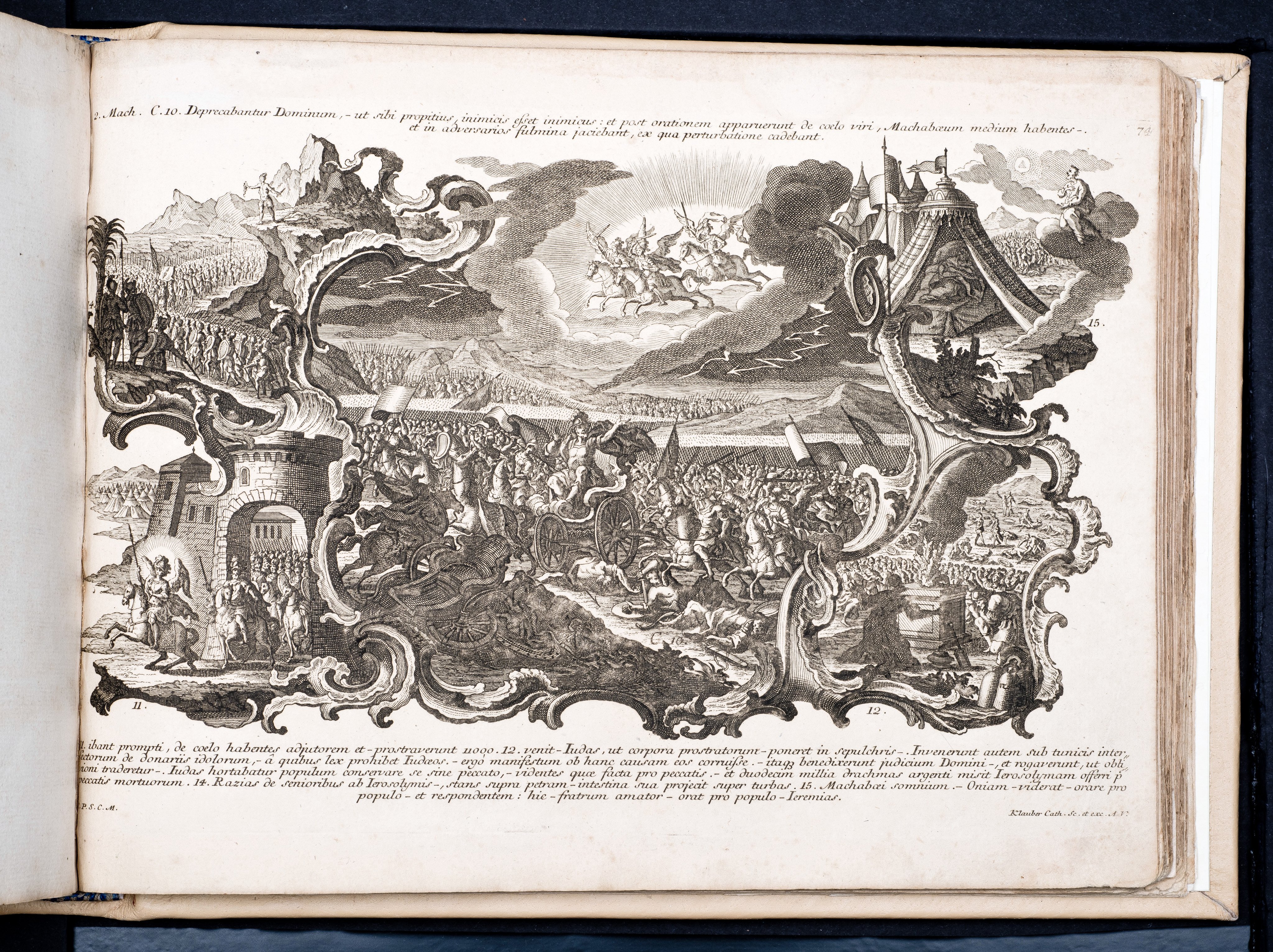 Historiae Biblicae Veteris et Novi Testamenti, Augsburg 1748.Księga wydana in folio złożona ze 100 ilustracji miedziorytniczych, wykonanych przez augsburskich grawerów, braci Józefa Sebastiana (1700-1768) Jana Baptystę (1712-1787) Klauberów, według obrazów augsburskiego malarza Johana Adama Stokmana (1720-1783). Miedzioryty z tego wydania stały się ikonograficznym wzornikiem dla malarzy i rytowników w całej Europie. Wydanie rzadkie, pełnego w polskich kolekcjach brak. Na rynku antykwarycznym pojawiają się pojedyncze ryciny. Egzemplarz kompletnySygnatura - MKDU-42859; SD-617