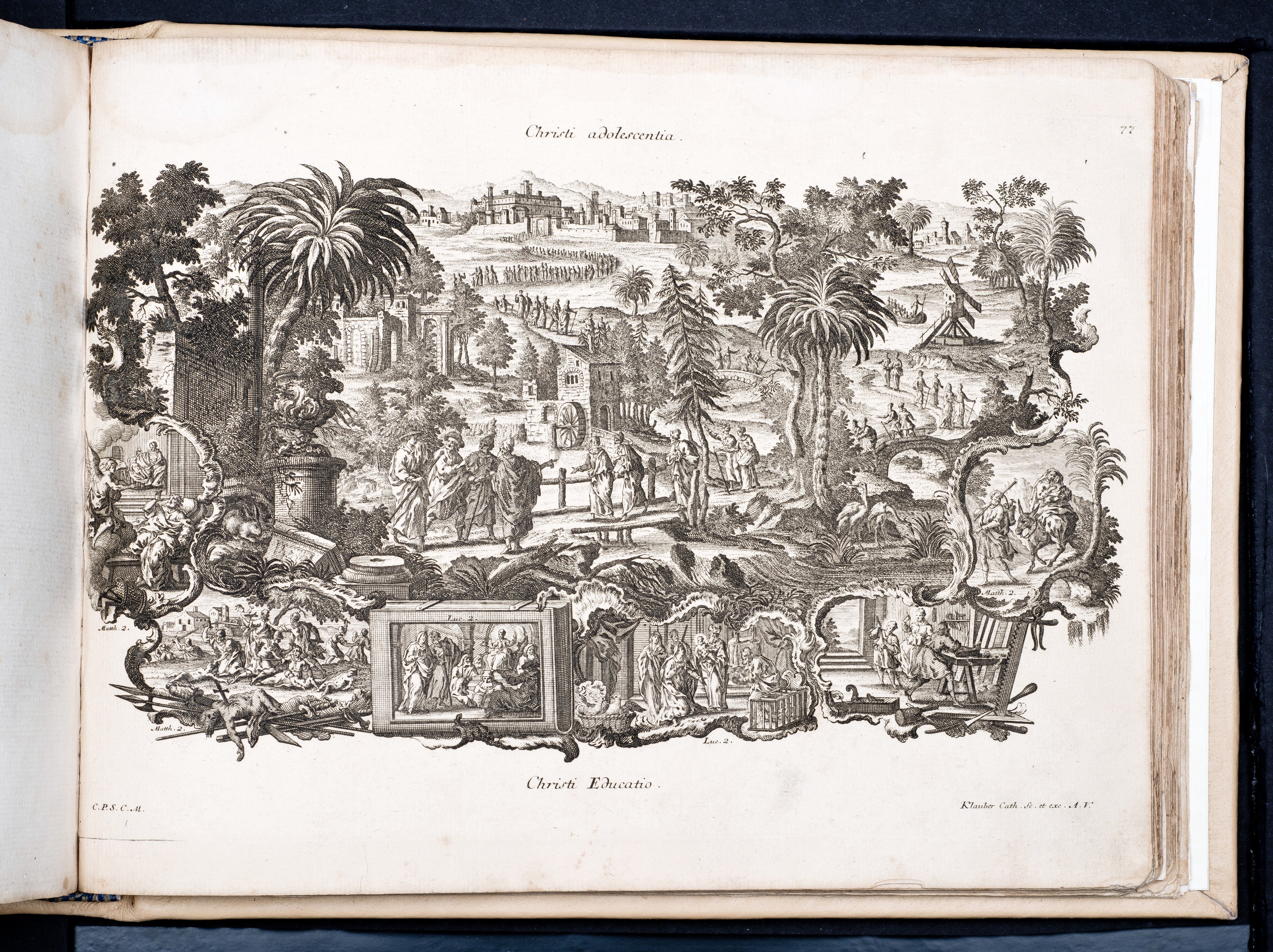Historiae Biblicae Veteris et Novi Testamenti, Augsburg 1748.Księga wydana in folio złożona ze 100 ilustracji miedziorytniczych, wykonanych przez augsburskich grawerów, braci Józefa Sebastiana (1700-1768) Jana Baptystę (1712-1787) Klauberów, według obrazów augsburskiego malarza Johana Adama Stokmana (1720-1783). Miedzioryty z tego wydania stały się ikonograficznym wzornikiem dla malarzy i rytowników w całej Europie. Wydanie rzadkie, pełnego w polskich kolekcjach brak. Na rynku antykwarycznym pojawiają się pojedyncze ryciny. Egzemplarz kompletnySygnatura - MKDU-42859; SD-617