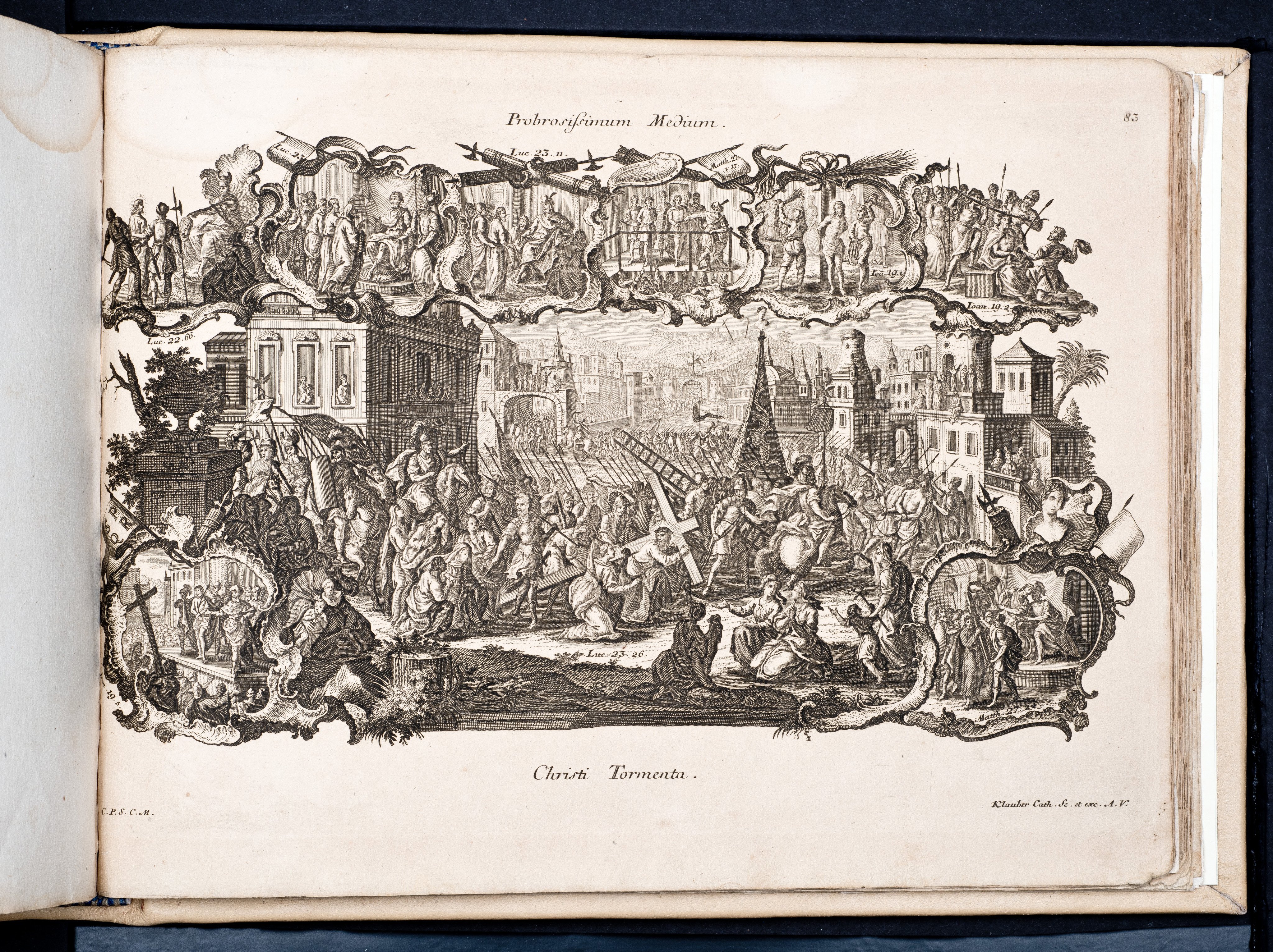 Historiae Biblicae Veteris et Novi Testamenti, Augsburg 1748.Księga wydana in folio złożona ze 100 ilustracji miedziorytniczych, wykonanych przez augsburskich grawerów, braci Józefa Sebastiana (1700-1768) Jana Baptystę (1712-1787) Klauberów, według obrazów augsburskiego malarza Johana Adama Stokmana (1720-1783). Miedzioryty z tego wydania stały się ikonograficznym wzornikiem dla malarzy i rytowników w całej Europie. Wydanie rzadkie, pełnego w polskich kolekcjach brak. Na rynku antykwarycznym pojawiają się pojedyncze ryciny. Egzemplarz kompletnySygnatura - MKDU-42859; SD-617