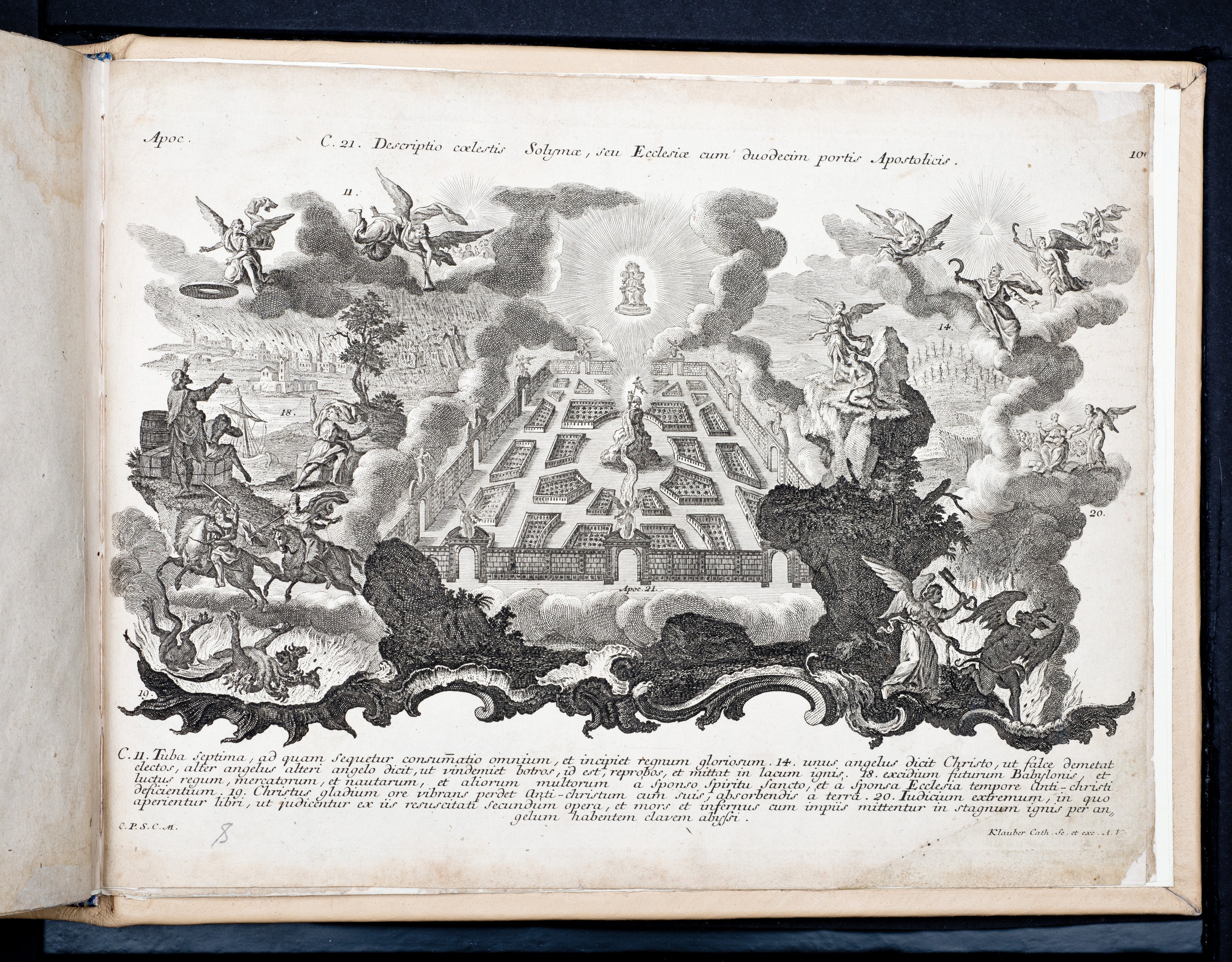 Historiae Biblicae Veteris et Novi Testamenti, Augsburg 1748.Księga wydana in folio złożona ze 100 ilustracji miedziorytniczych, wykonanych przez augsburskich grawerów, braci Józefa Sebastiana (1700-1768) Jana Baptystę (1712-1787) Klauberów, według obrazów augsburskiego malarza Johana Adama Stokmana (1720-1783). Miedzioryty z tego wydania stały się ikonograficznym wzornikiem dla malarzy i rytowników w całej Europie. Wydanie rzadkie, pełnego w polskich kolekcjach brak. Na rynku antykwarycznym pojawiają się pojedyncze ryciny. Egzemplarz kompletnySygnatura - MKDU-42859; SD-617
